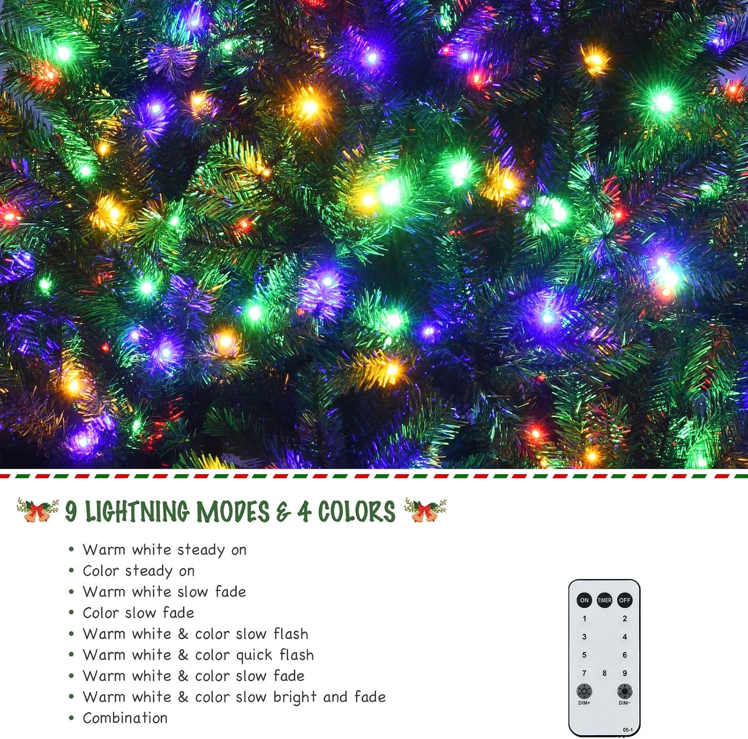 DORTALA Pre-lit Christmas Tree, 8 FT Artificial Xmas Tree with Remote Control, 600 Color-Changing LED Lights, 1605 Branch Tips, 9 Lighting Modes, Folding Metal Stand, Green