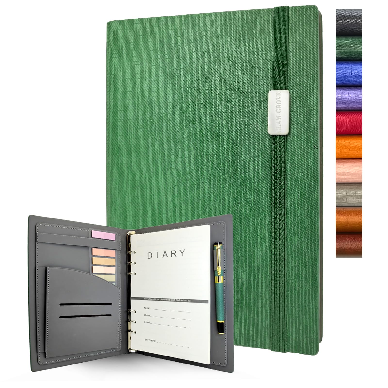GLAM GROVE A5 Refillable Binder Notebook - Elegant Hardcover, 160 Pages of 100G Thick Paper, 6-Ring Design with Pen Loop and Pockets - Ideal for