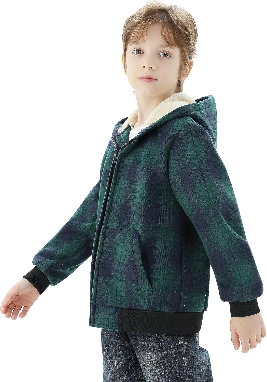 WULFUL Boys Flannel Fleece Jackets Plaid Sherpa Hoodie Zip Up Winter Coat 5-14 Years - Image 3