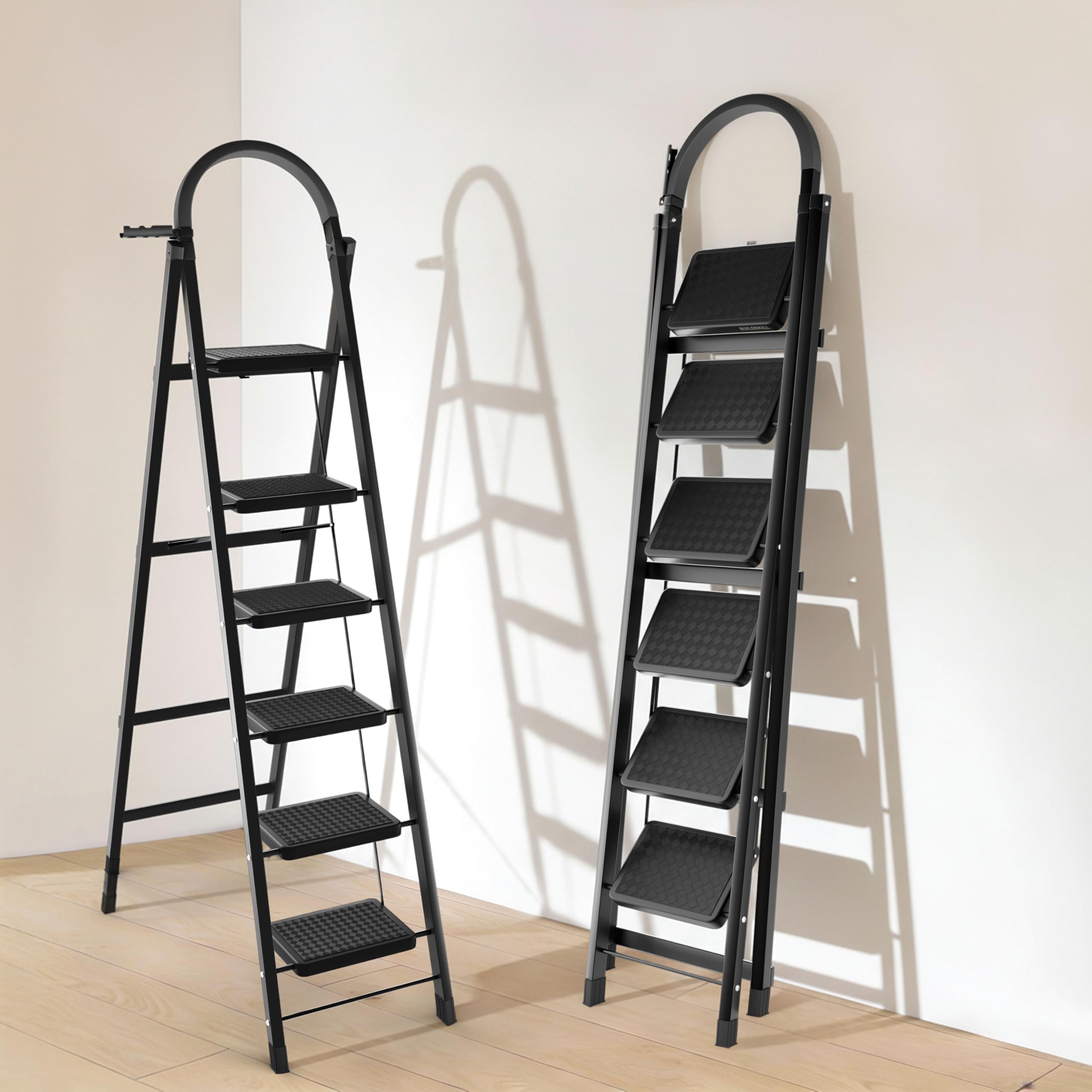 BUILDSKILL Black 6 Step Ladder for Home Use with Built-in Tool Tray | Heavy Duty D Shape Rods | 20 x 30 cm Large Step with Rubber Pad | Secure Lock | 150Kg Capacity Foldable Ladder - 5 Years Warranty