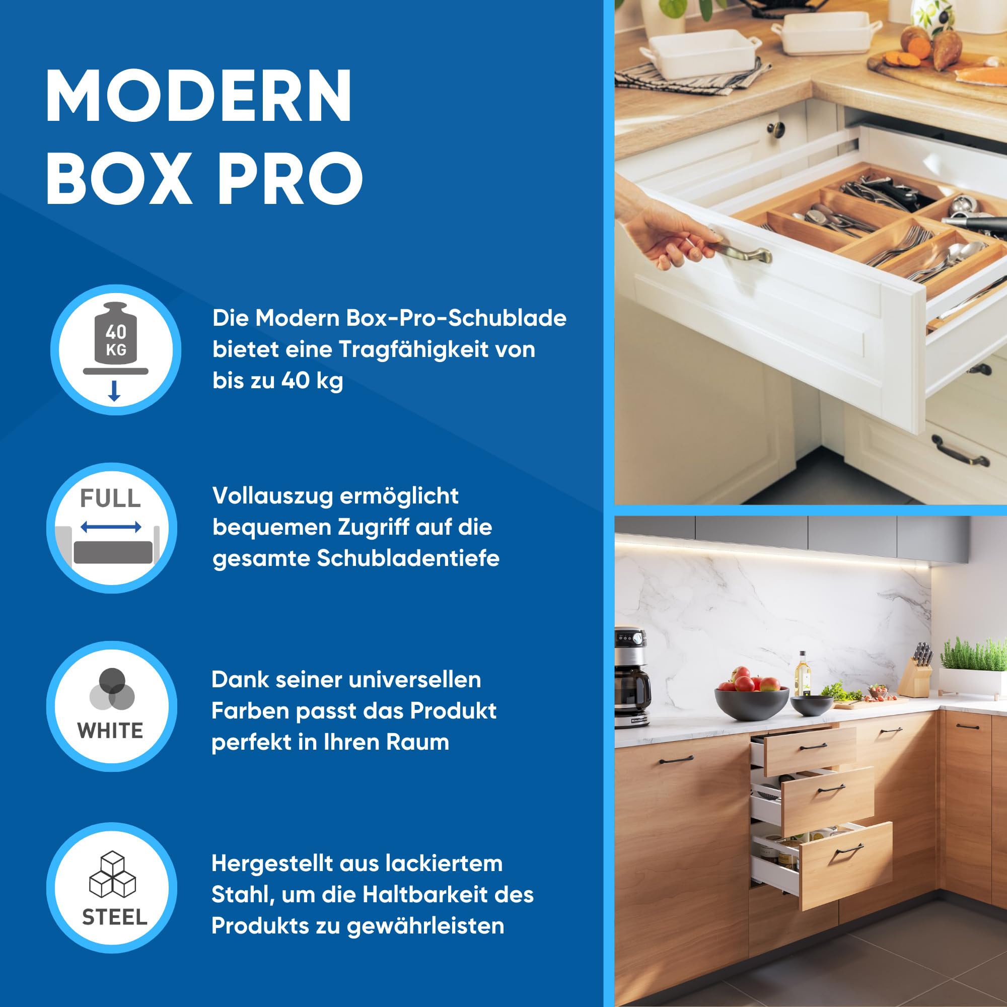 GTV - Modern Box Pro Schubladenschienen I L=450mm H=199mm I Weiss I Schublade mit Leises Schließen I Die Synchronisation des Fahrweges der Führungen I Belastung bis zu 40 kg I PB-MBPRO-KPL450C1