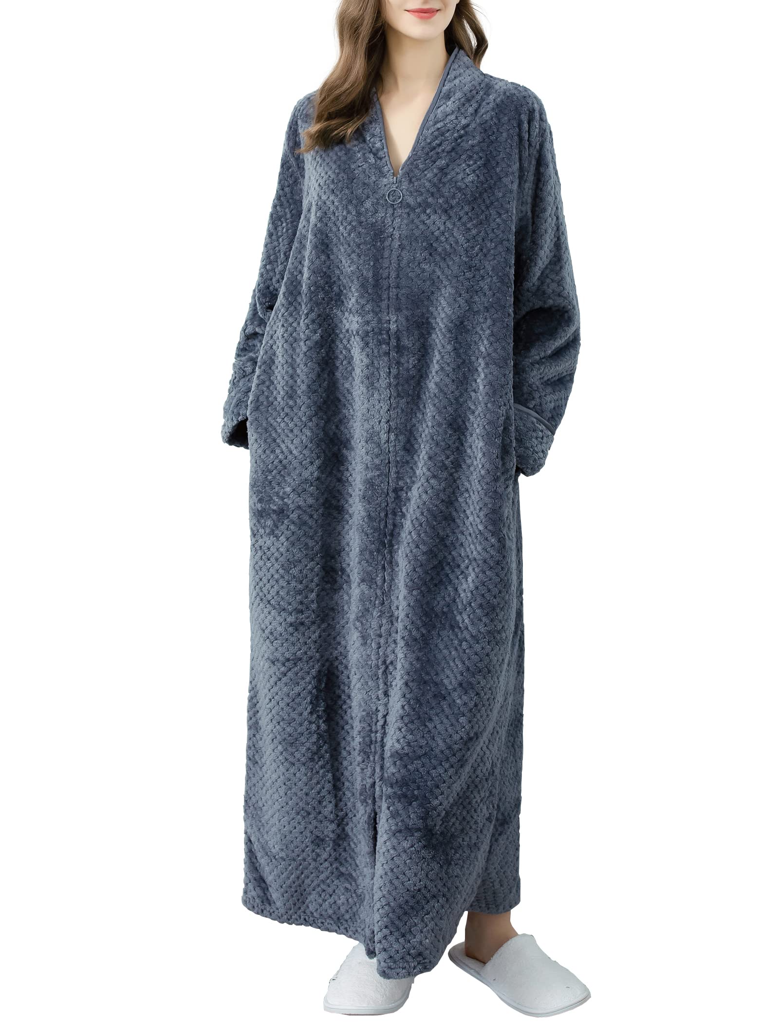 Buy Locachy Women's Flannel Zip Warm Robe Cozy Fluffy Long Bathrobe