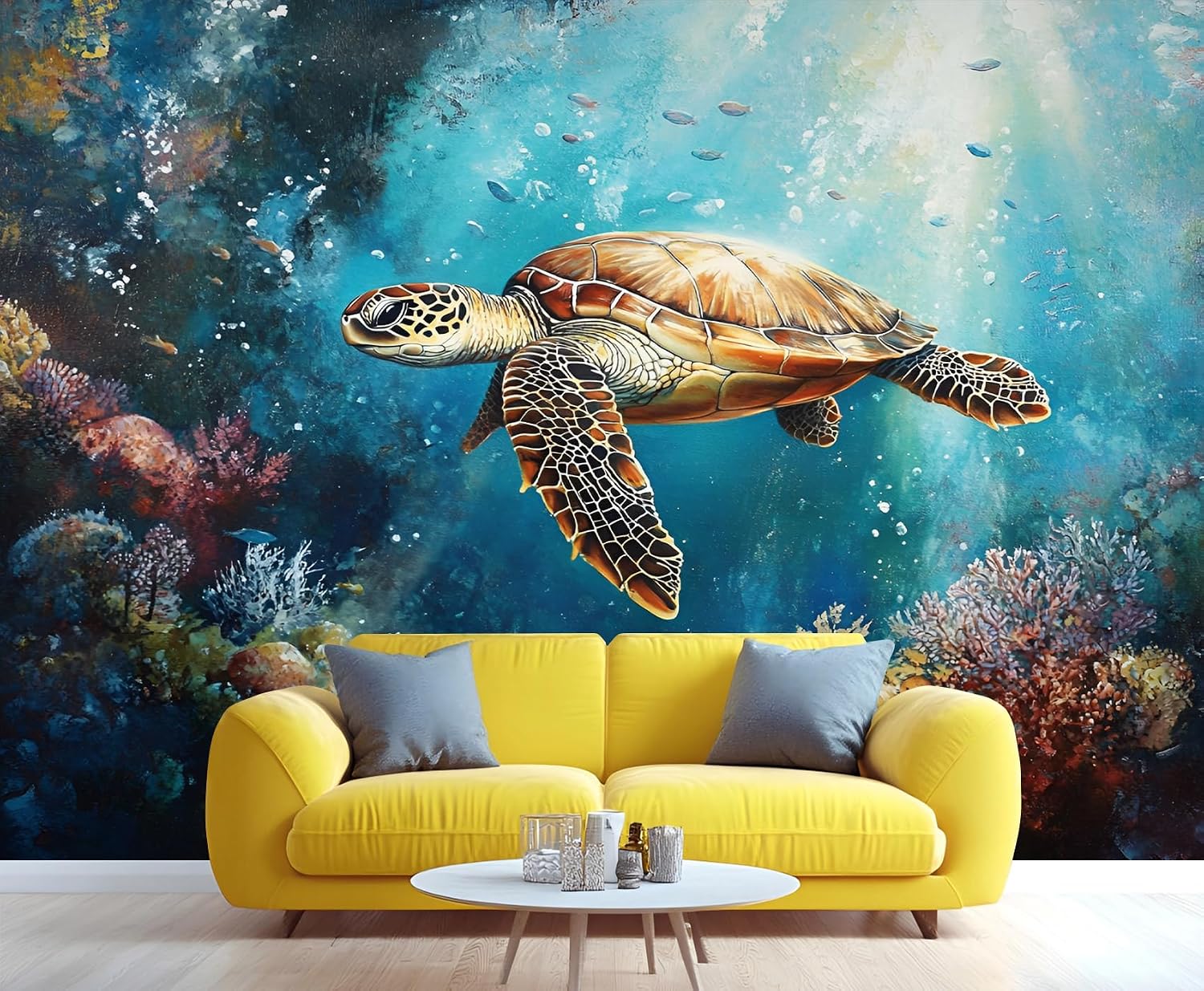 Sea Turtle Mural, Ocean Life Wallpaper for Bedroom, Underwater World Living Room Wallpaper, 3D Indoor Background Wall Large Mural 137" x 100"
