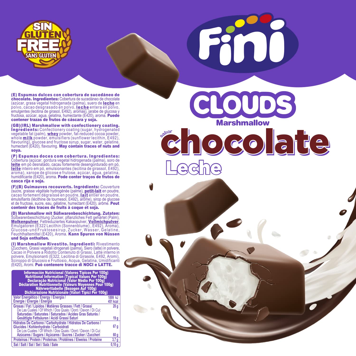 Fini Clouds Bocaditos de Chocolate con Leche | Espumas dulces con Cobertura de Chocolate | Chuches y Golosinas Sin Gluten - 80 gr