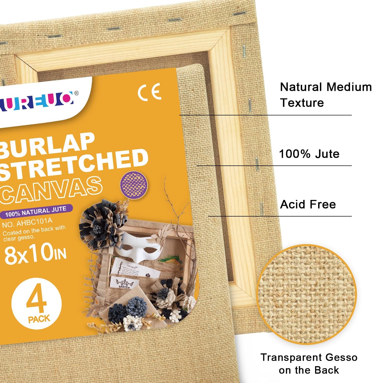 AUREUO Stretched Burlap Canvas, 8x10 Inch/4 Pack - 100% Natural Jute, Transparent Gesso Primed Blank Stretched Canvases for Oil & Acrylic Painting, Arts & Craft Projects, Wedding & Home Decoration