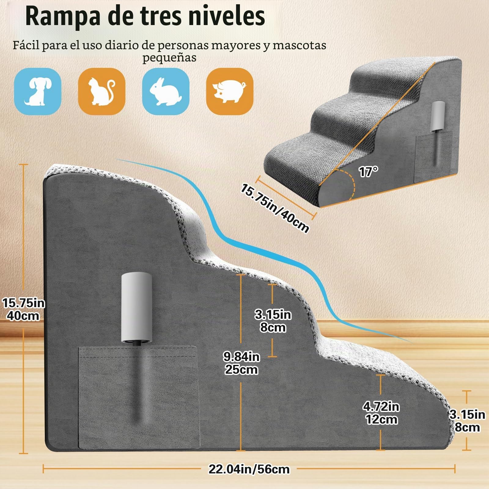 Escalera para perros de 3 niveles, antideslizante para perros pequeños, gatos, escalera para cama y sofá, portátil, rampa para perros y gatos, con funda impermeable lavable, 56 x 40 x 40 cm