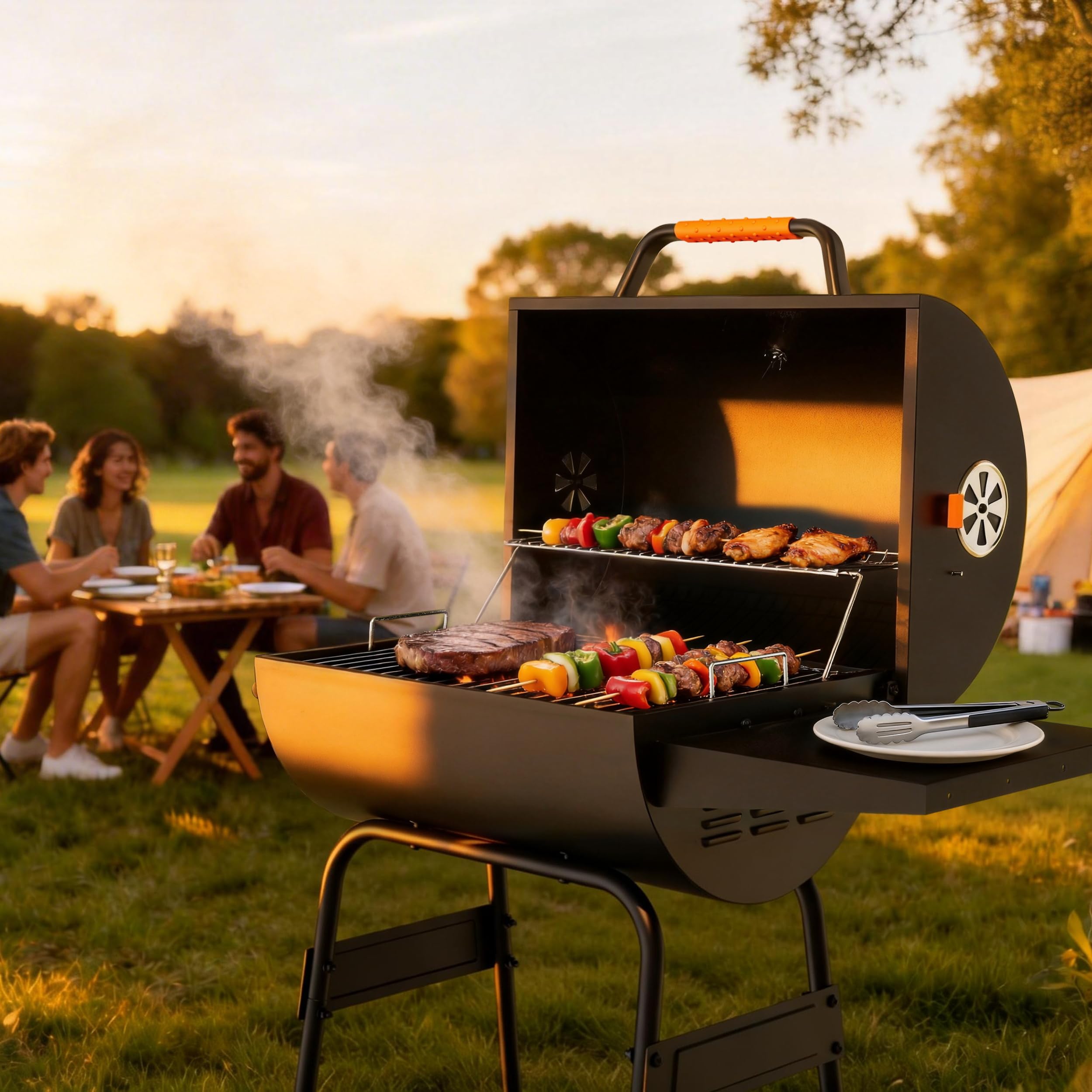 KEYO Barbacoa de Carbón y Ahumador con Bandeja de Carbón Regulable en Altura, Gran Barril de Barbacoa Portátil para Jardín Exterior, Cámping, Fiesta en Patio y Picnic - 20 Pulgadas