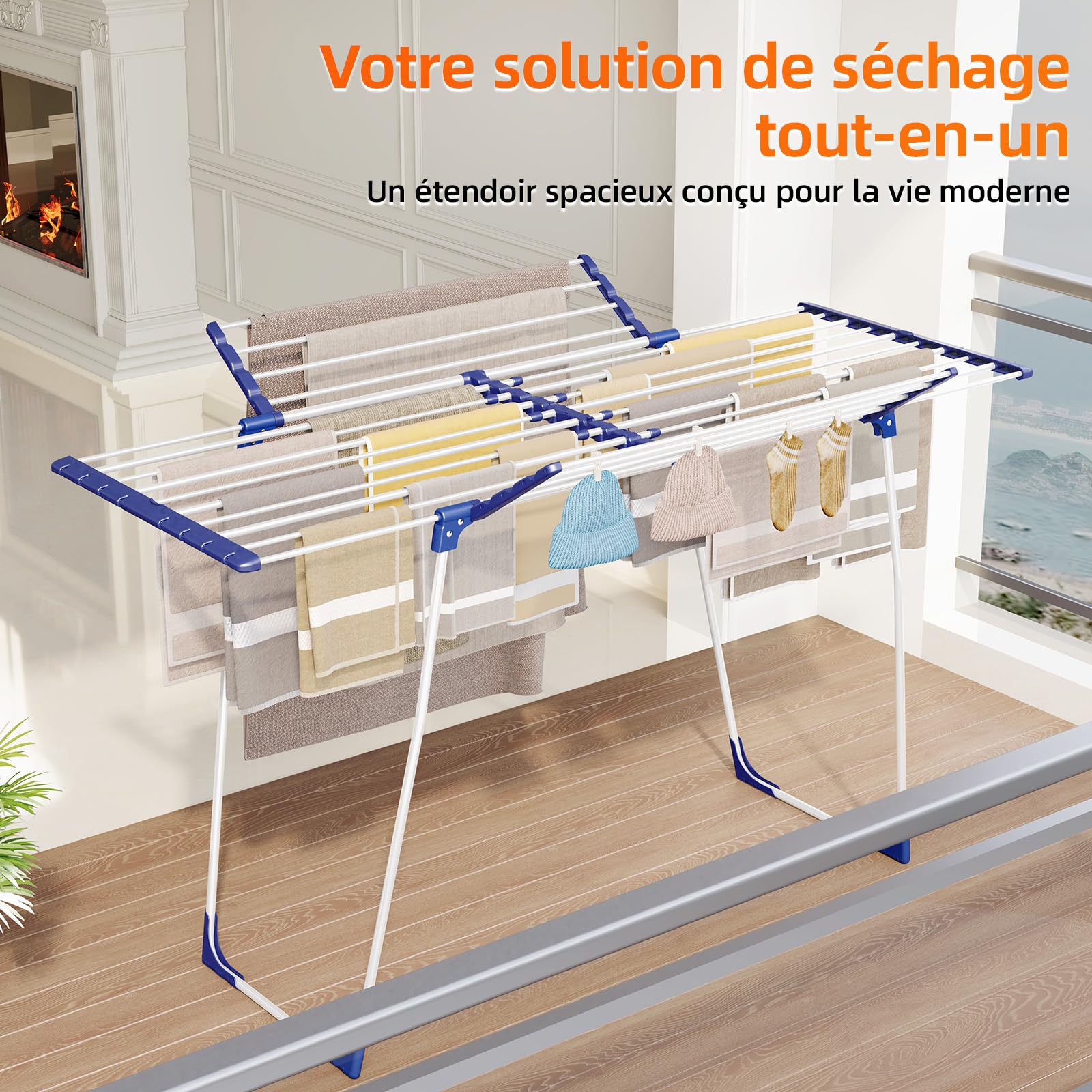 KINGBOARD Étendoir à linge pliable et extensible, étendoir à ailes 57 x 162 x 86 cm, séchoir à linge stable avec pieds antidérapants pour l'intérieur et l'extérieur, blanc