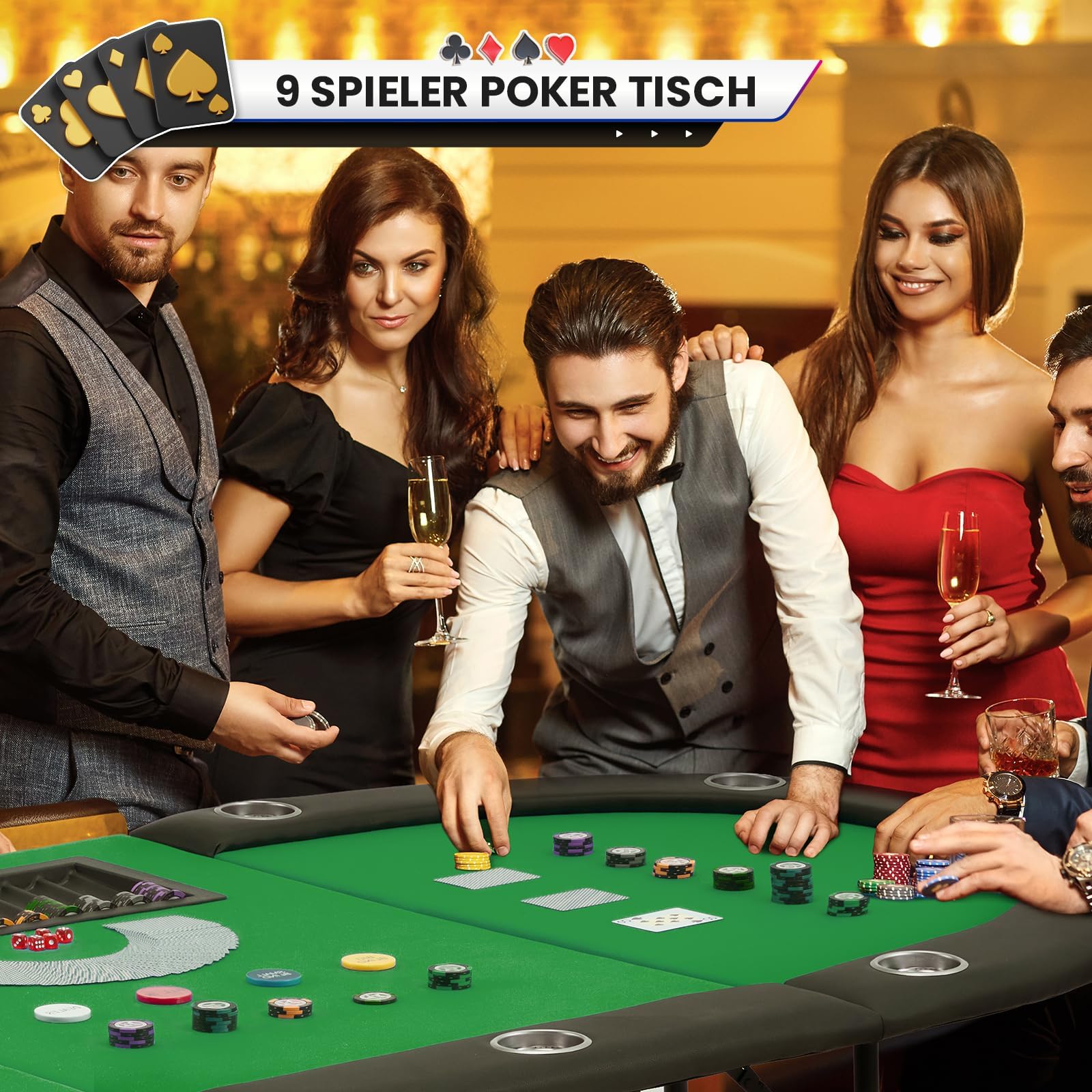 AVAWING Pokertisch Klappbar 9 Spieler, Spieltisch mit Getränkehalter aus Edelstahl, Grün