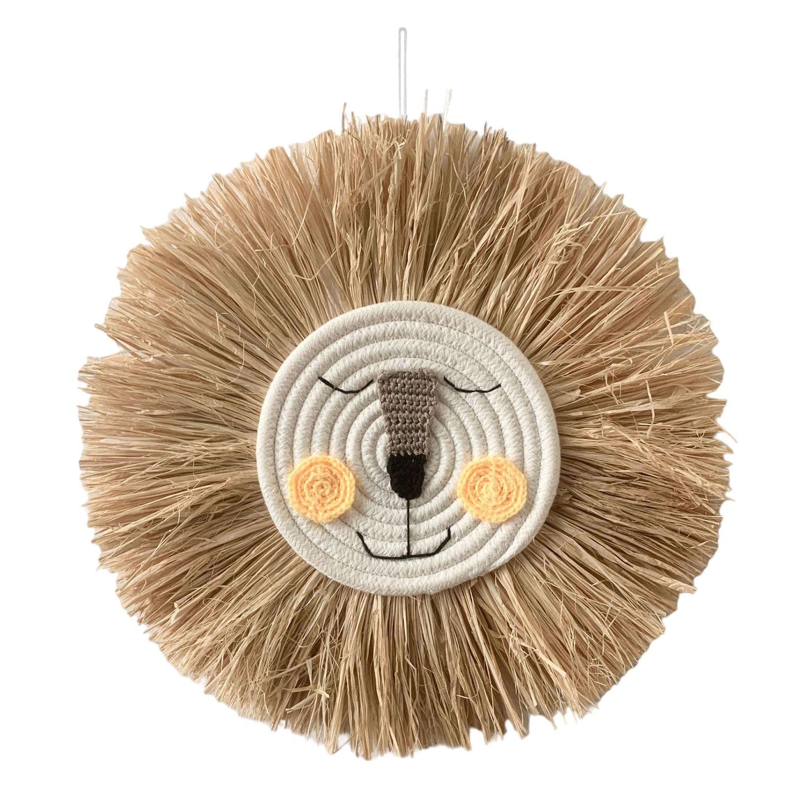 ZHJBD Lion Straw Wall Hanging Decor Round Tapestry Animal Head Rattan Hand-Made for Garden Home Children's Room Living Room Decorative - Bcoding/869