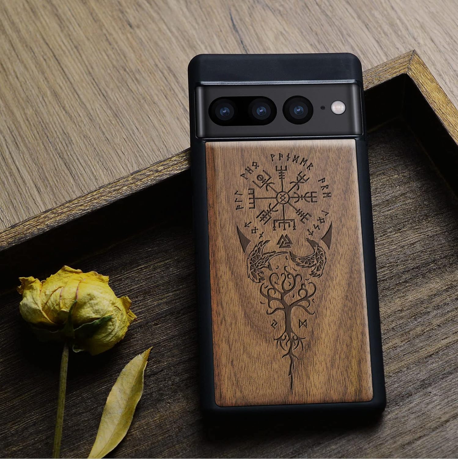Carveit Wood Case for Pixel 7 Pro Case [Natural Wood & Black Soft TPU] Shockproof Protective Unique & Classy Wooden Cover Compatible with Google Pixel 7 Pro (Viking Vegvisir-Walnut)