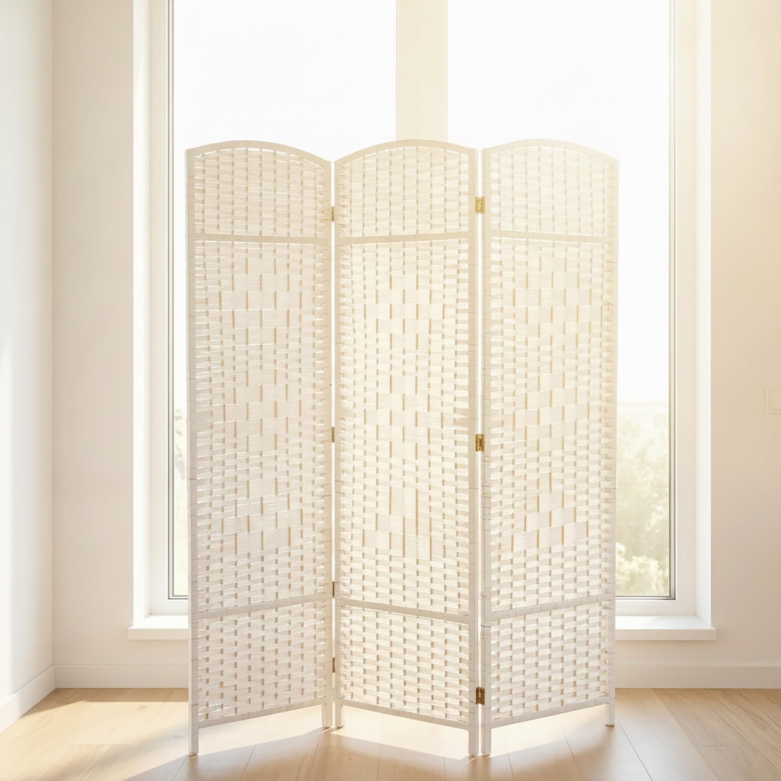 Relaxdays Paravent, Bois et Corde de Papier, Brise-Vue Pliable, 3 Volets, H x L : 170 x 120 cm, pour intérieur, Blanc