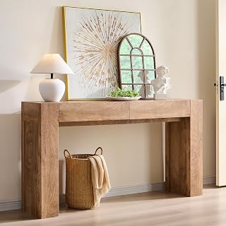 OKD 63" Modern Rustic Console Table with Drawers, Light Knotty Oak Entryway Sofa Table for Hallway Living Room