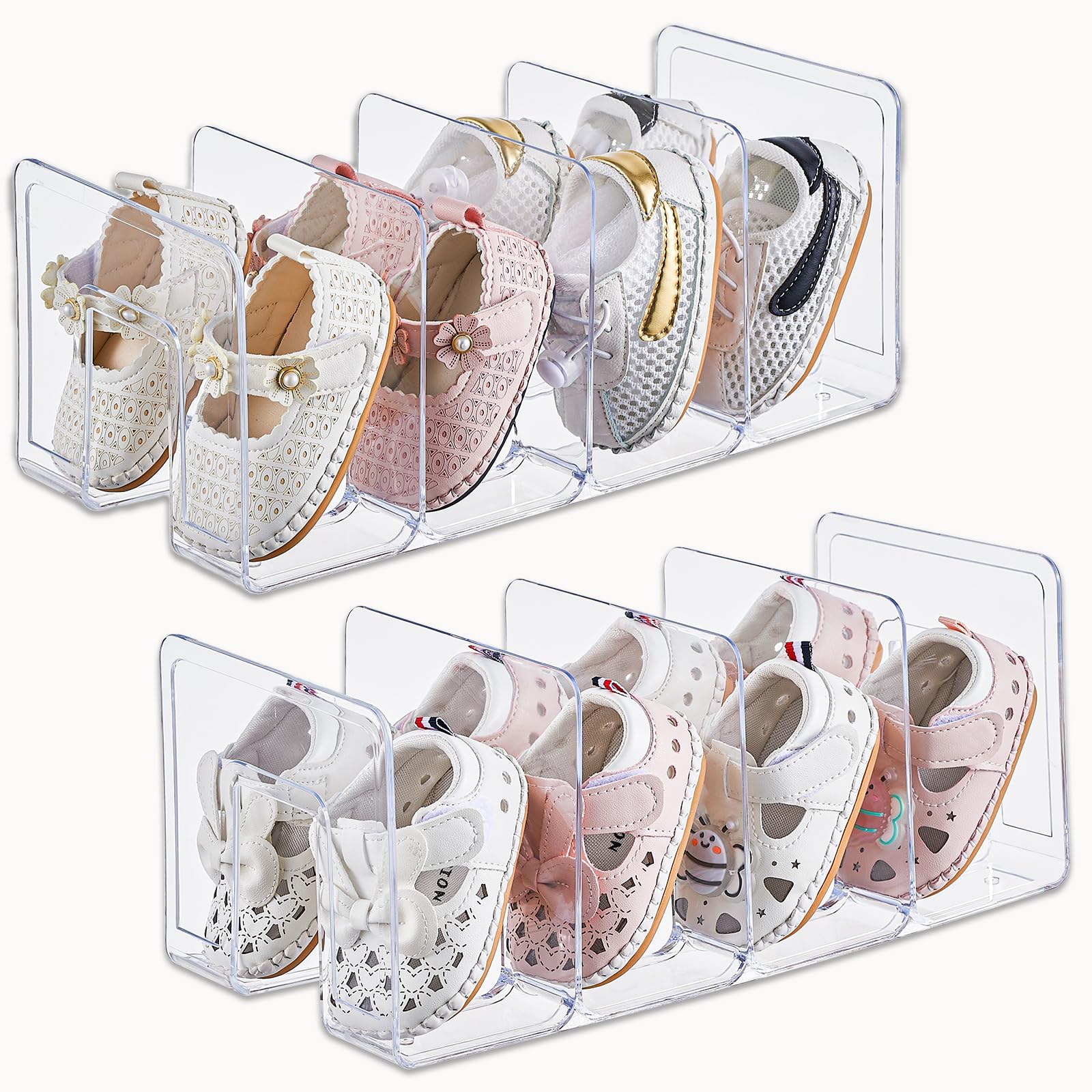 uforu clear acrylic kids shoe rack for closet organizers and storage | 2 pack small shoe rack 4 sections toddler baby shoe storage organizer stackable shoe shelf, desk file sorter book purse organizer