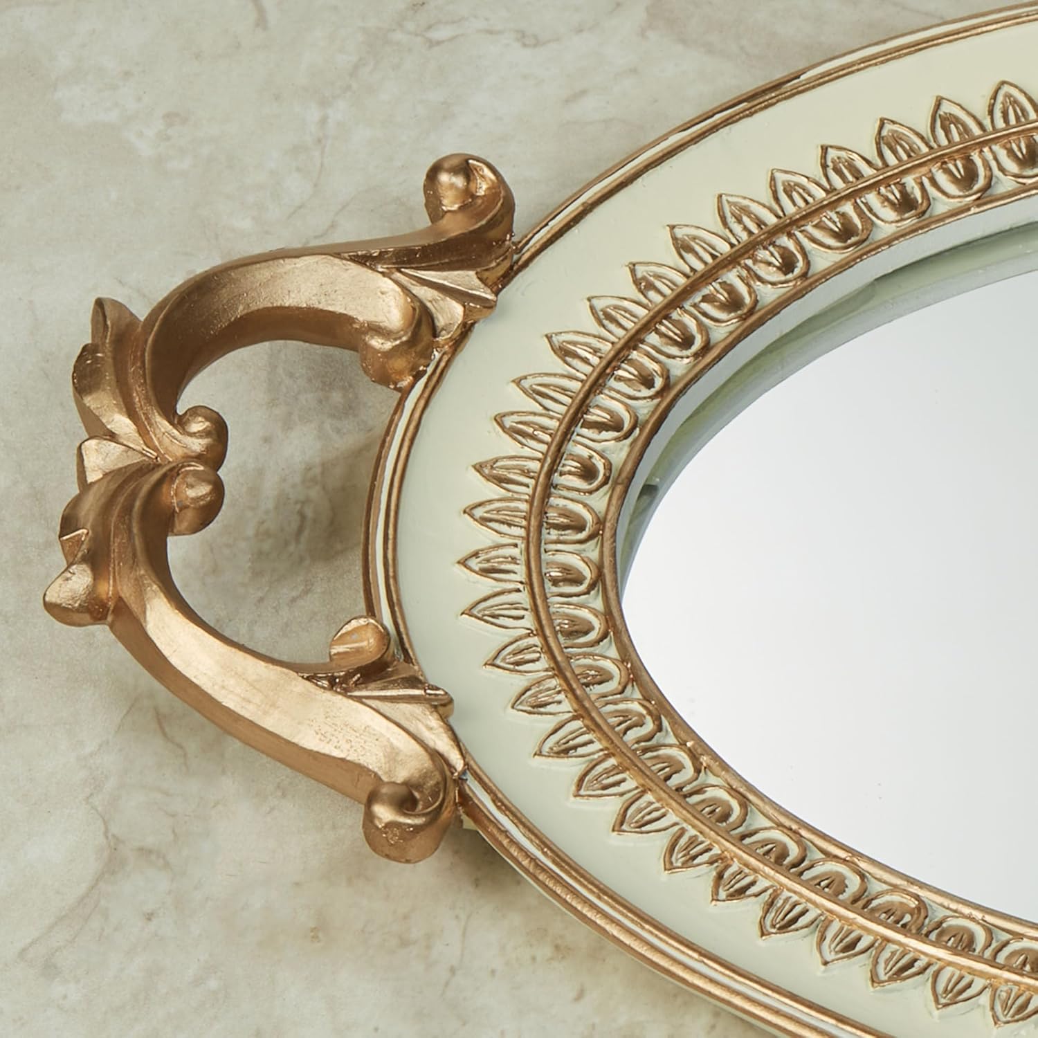 Palecia Mirrored Vanity Tray | Neutral Ivory | Metallic Gold Acanthus Leaf Scrollwork Handles & Traditional Trim Details | Oval Glass Mirror Bottom | Perfect for Your Fine Perfume, Jewelry, or Makeup