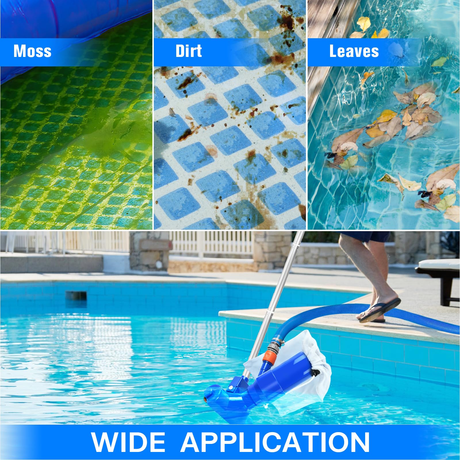 Aspirateur Piscine Hors Sol, Aspirateur de Piscine Manuel, Kit de Nettoyage Piscine avec Perche Télescopique Sac à Feuilles, Nettoyeur de Piscine, Kit d'entretien pour Piscines, Bassins, Fontaine