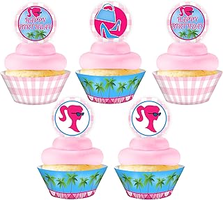 Pink Gingham Glamour Girl Cupcake Kit - 48 Pieces - 24 Cupcake Toppers and 24 Wrappers - Glamour Girl Party Supplies - Glamour Girl Party Decorations - Cupcake