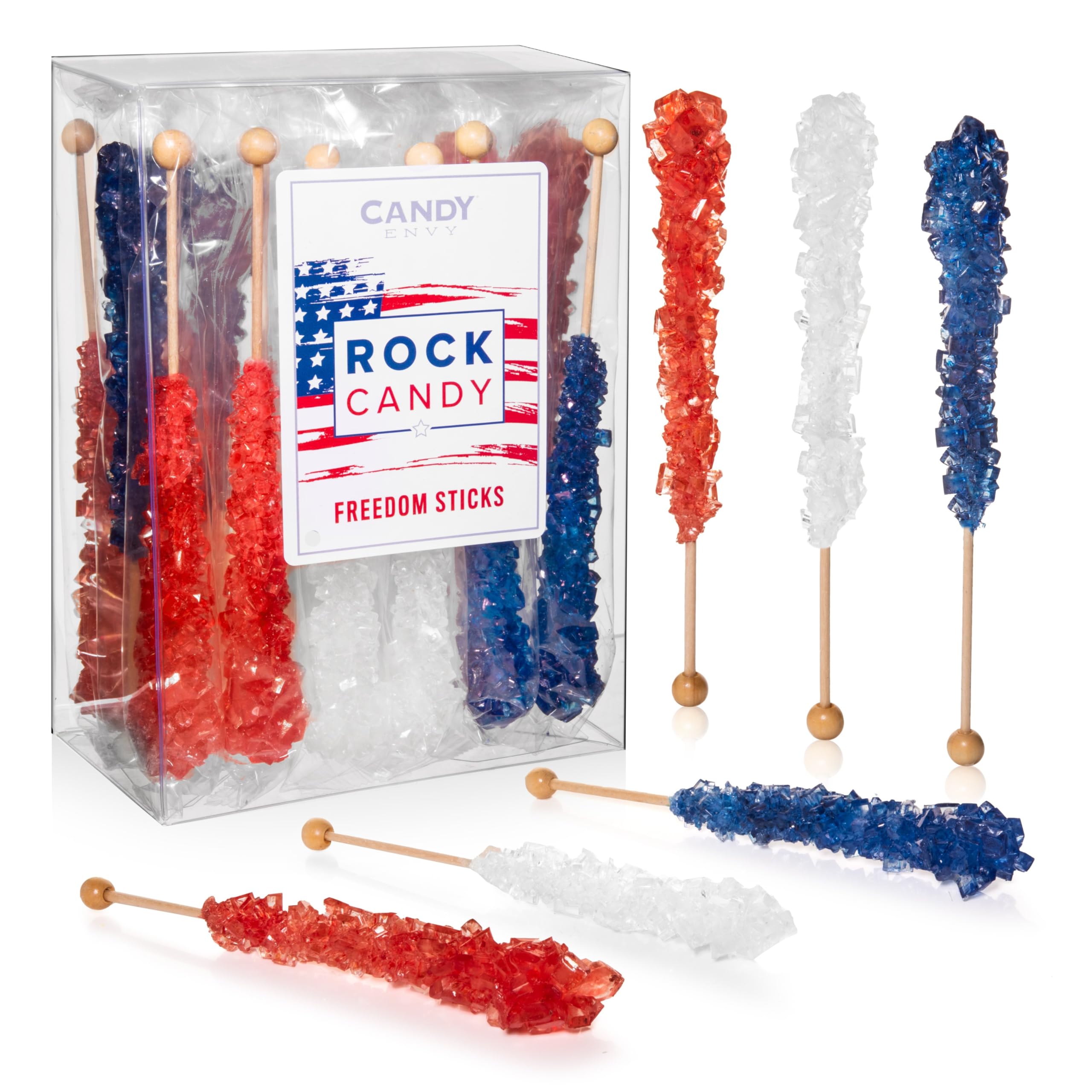 Candy Envy - USA Freedom Rock Candy Sugar Sticks - 18 Individually Wrapped Treat - Red, White, & Navy Blue Party Favors