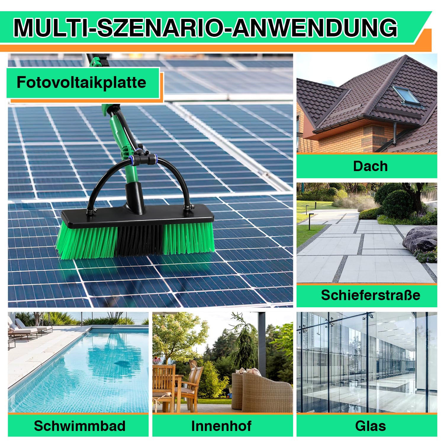 Fiqops Teleskop Waschbürste, 3.6m Waschbürste mit Teleskopstiel aus Aluminium,Teleskopbürste mit Wasseranschluss,Fenster & PV-Anlagen Reinigung,Teleskopbürste,mit Weiche Borsten,Seifenspender