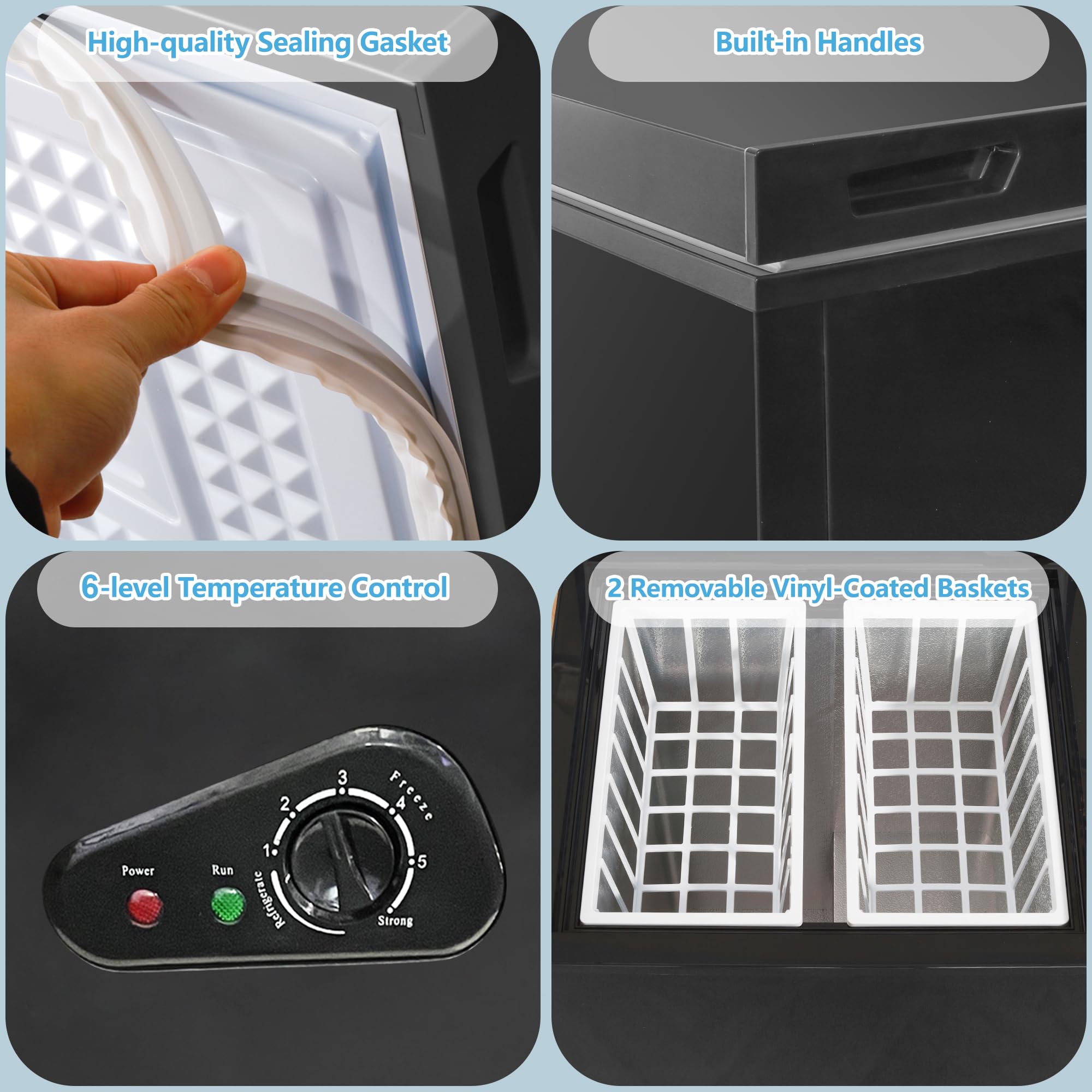 Chest Freezer 5.0 Cu.Ft Deep Freezer with 2 Removable Basket Small Freezer, Adjustable 6 Thermostat,Free-Standing Top Door, Energy Saving, Quiet Mini Freezer for Home/Garage/Dorm, Black