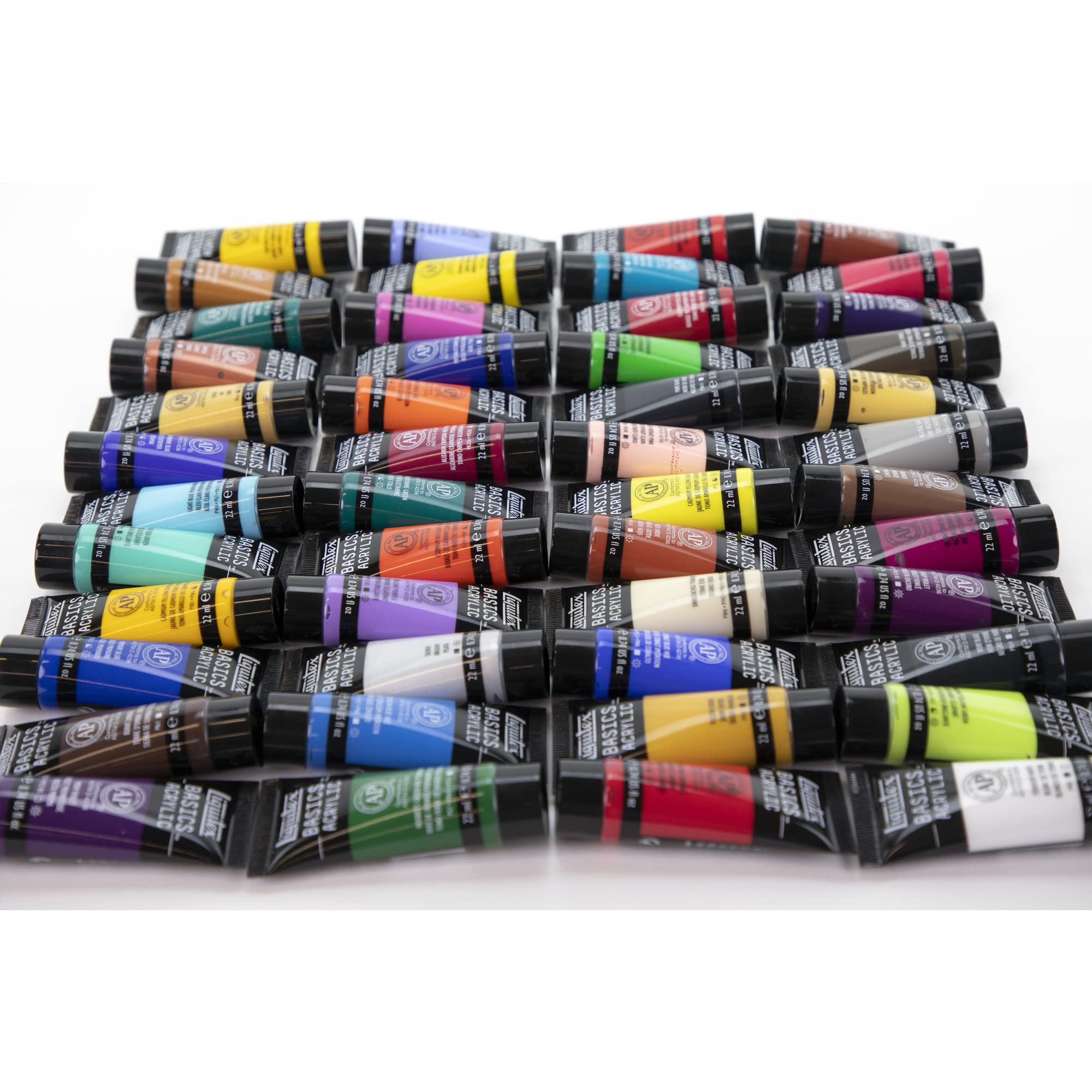 Liquitex 3699395 Basics zestaw farb akrylowych – tubki 48 x 22 ml, odporne na działanie światła farby akrylowe, średnia lepkość, żywe kolory, idealne na płótno, do mieszanych mediów i malowania