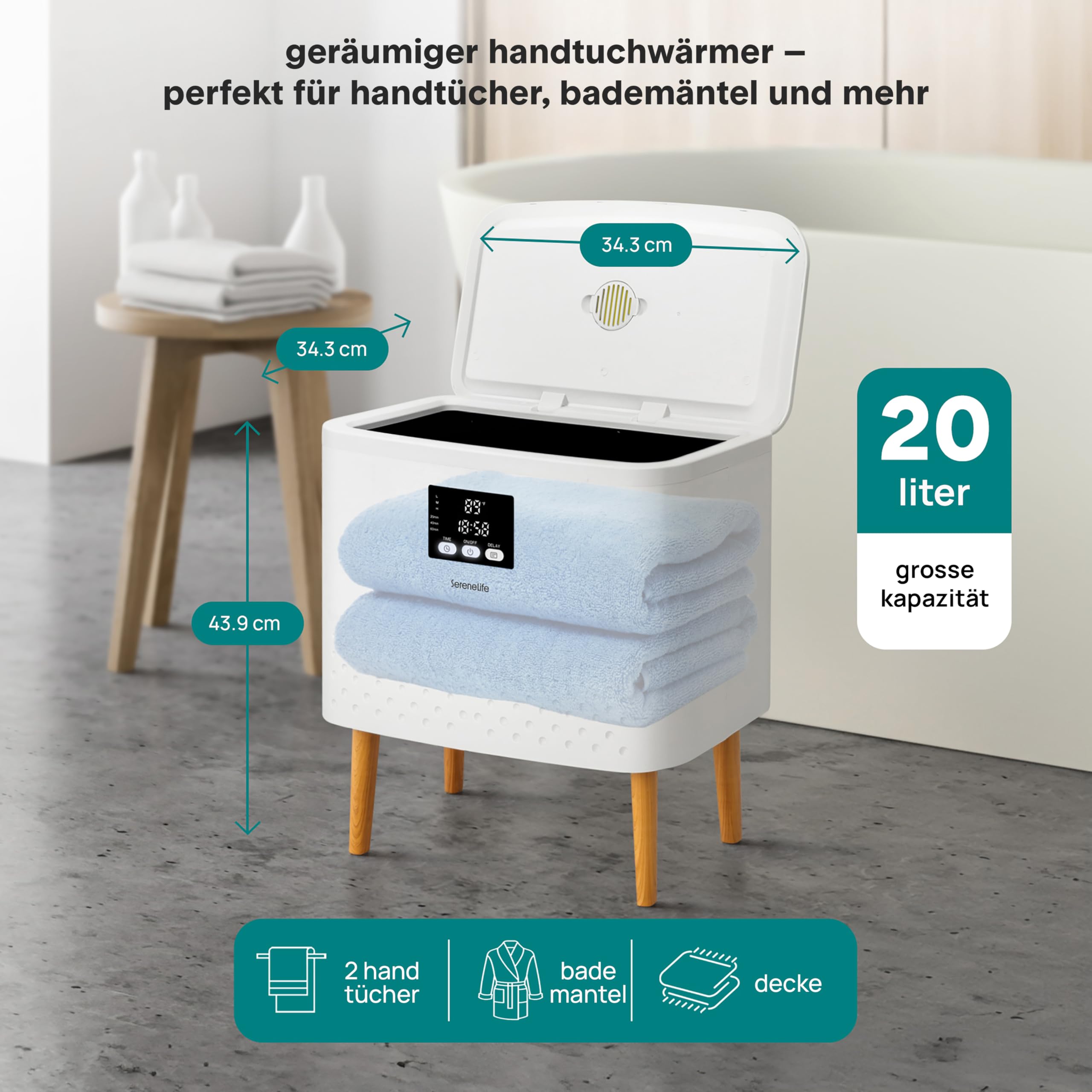 SereneLife Handtuchwärmer Eimer- 20L Elektrisch Stehend, Handtuchtrockner und Deckenwärmer mit Timer und Temperaturregelung, Weiß/Natural Design