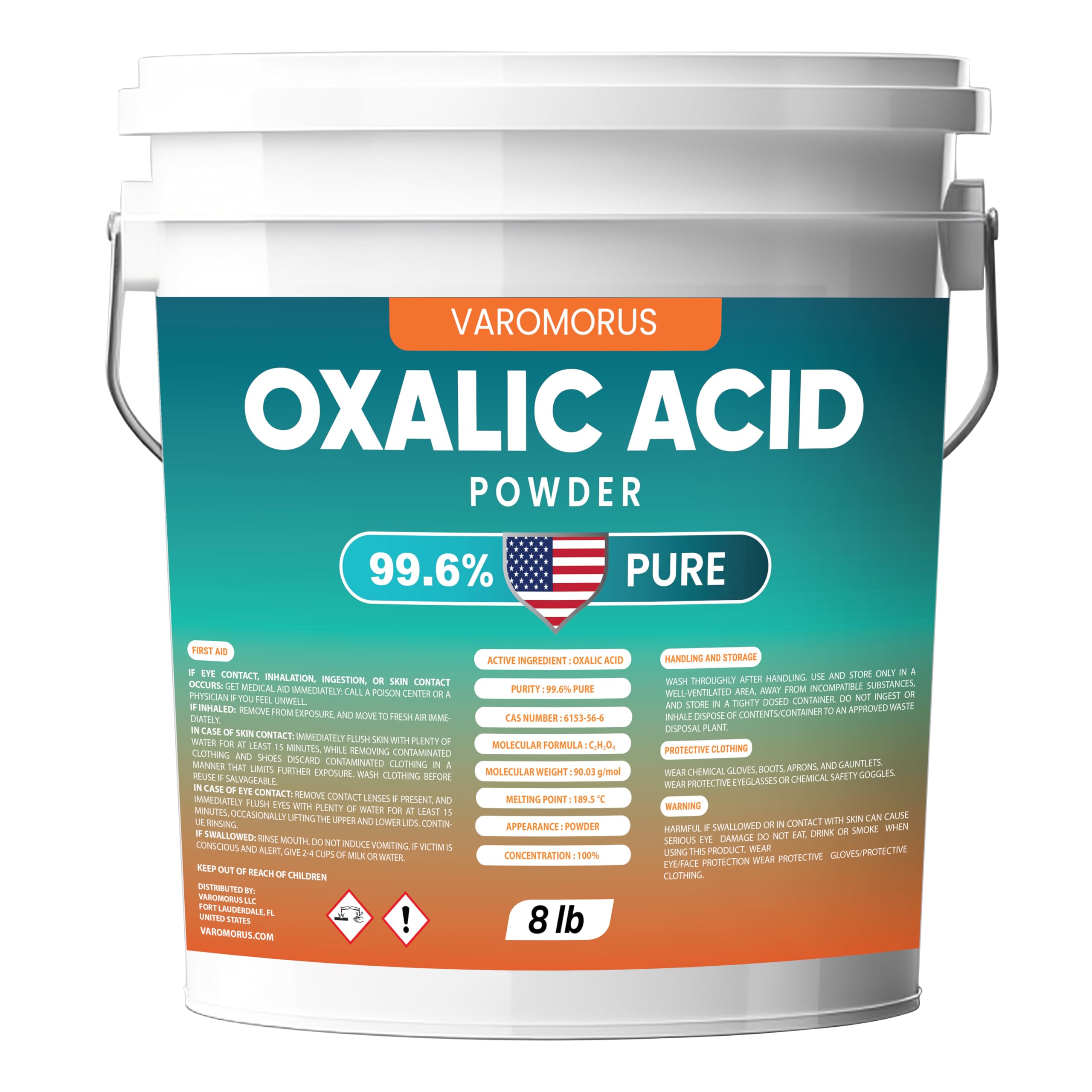 Varomorus Oxalic Acid 8 lbs - 99.6% Pure Fine Powder, Multi-Use Cleaner and Stain Remover for Wood, Metal, Rust, Wood Bleach, Hardwood Floor & Furniture Restorer, Pool - Industrial Cleaning Solution