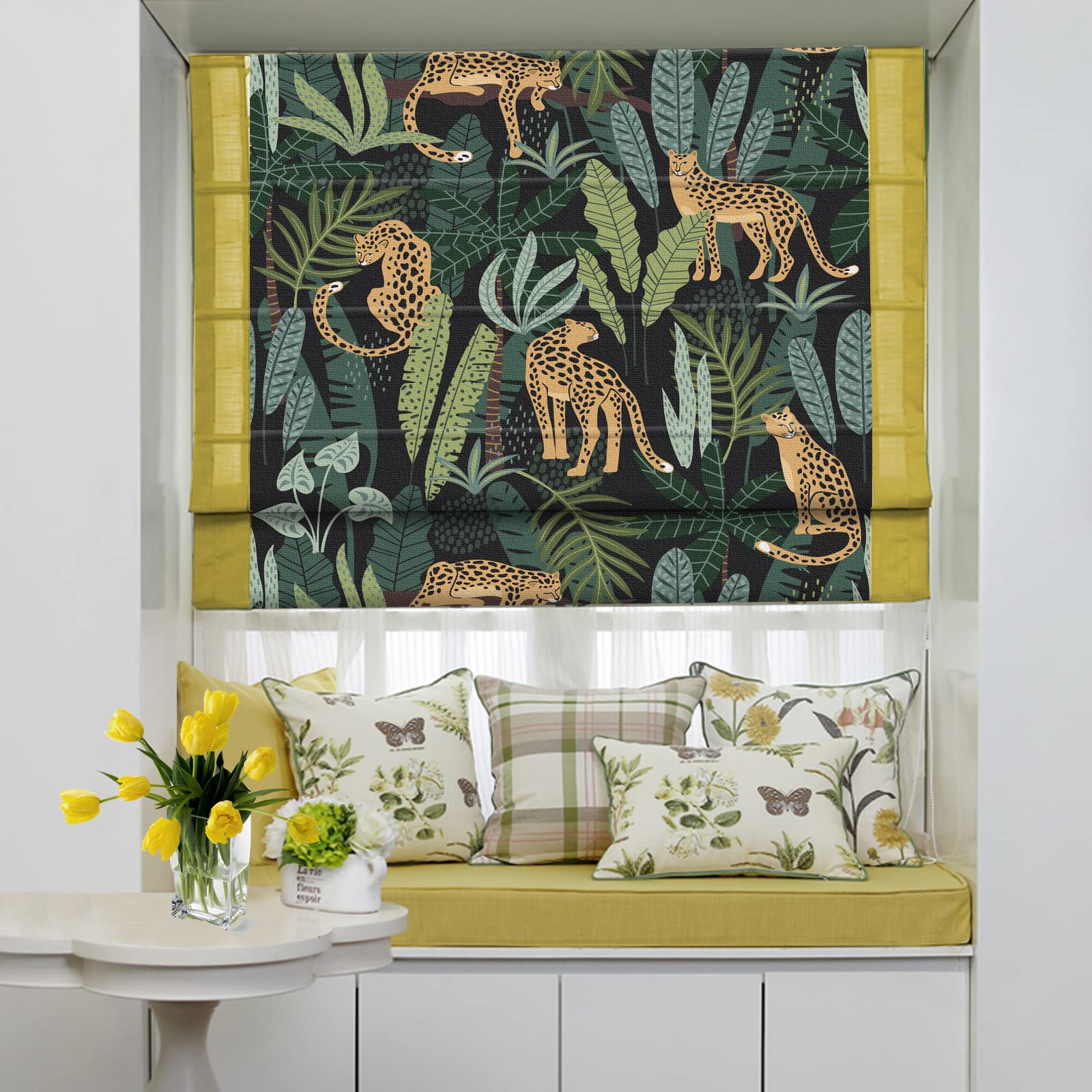 LANTIME Cordless Roman Shades Window Blinds, Lined Blackout Print Fabric with Solid Border Window Roman Shades, Leopard