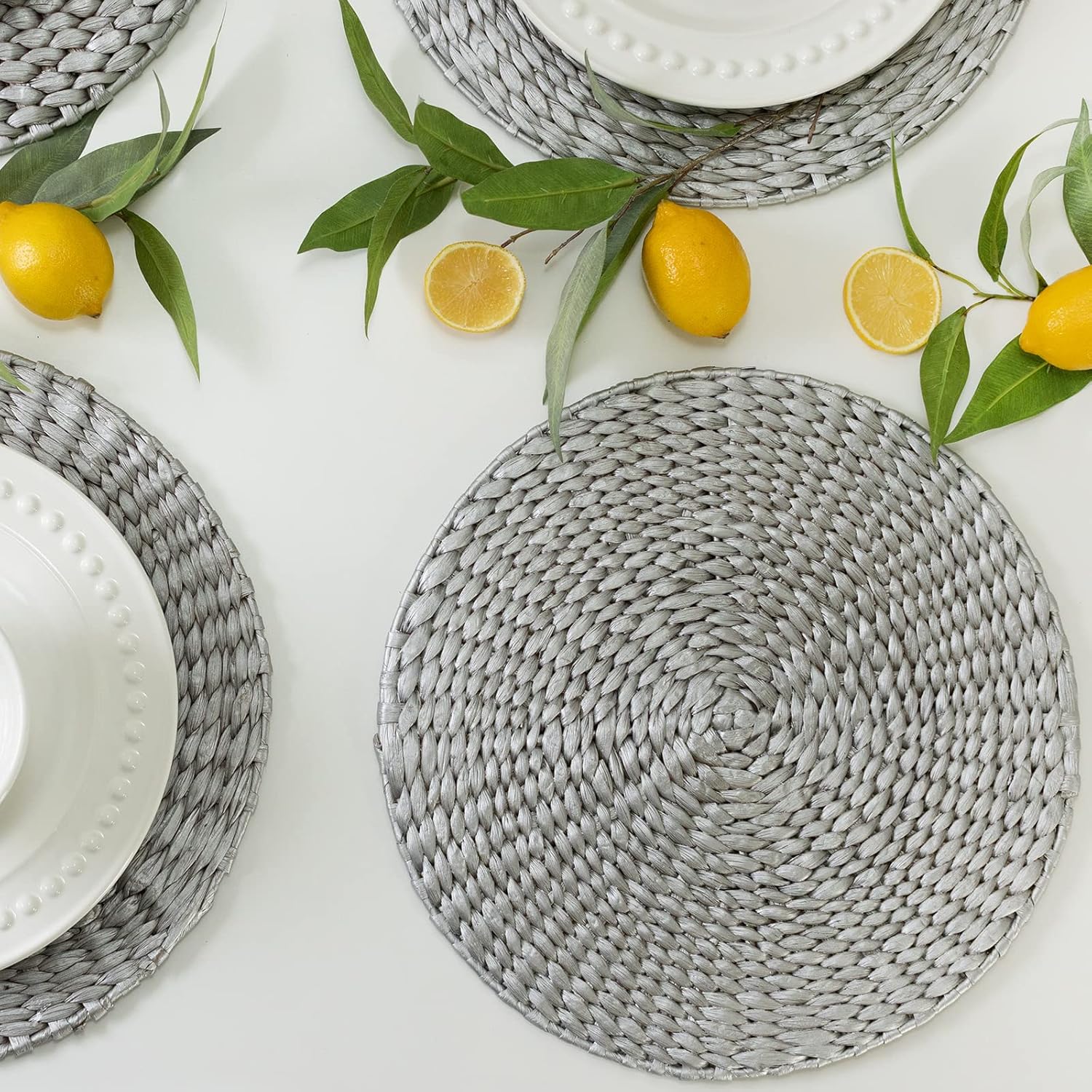 Benson Mills Water Hyacinth Braided Round Placemat Set of 4, for Everyday, Parties, Holiday, Winter, and Christmas Place Mats (Silver, 13.5" Round)