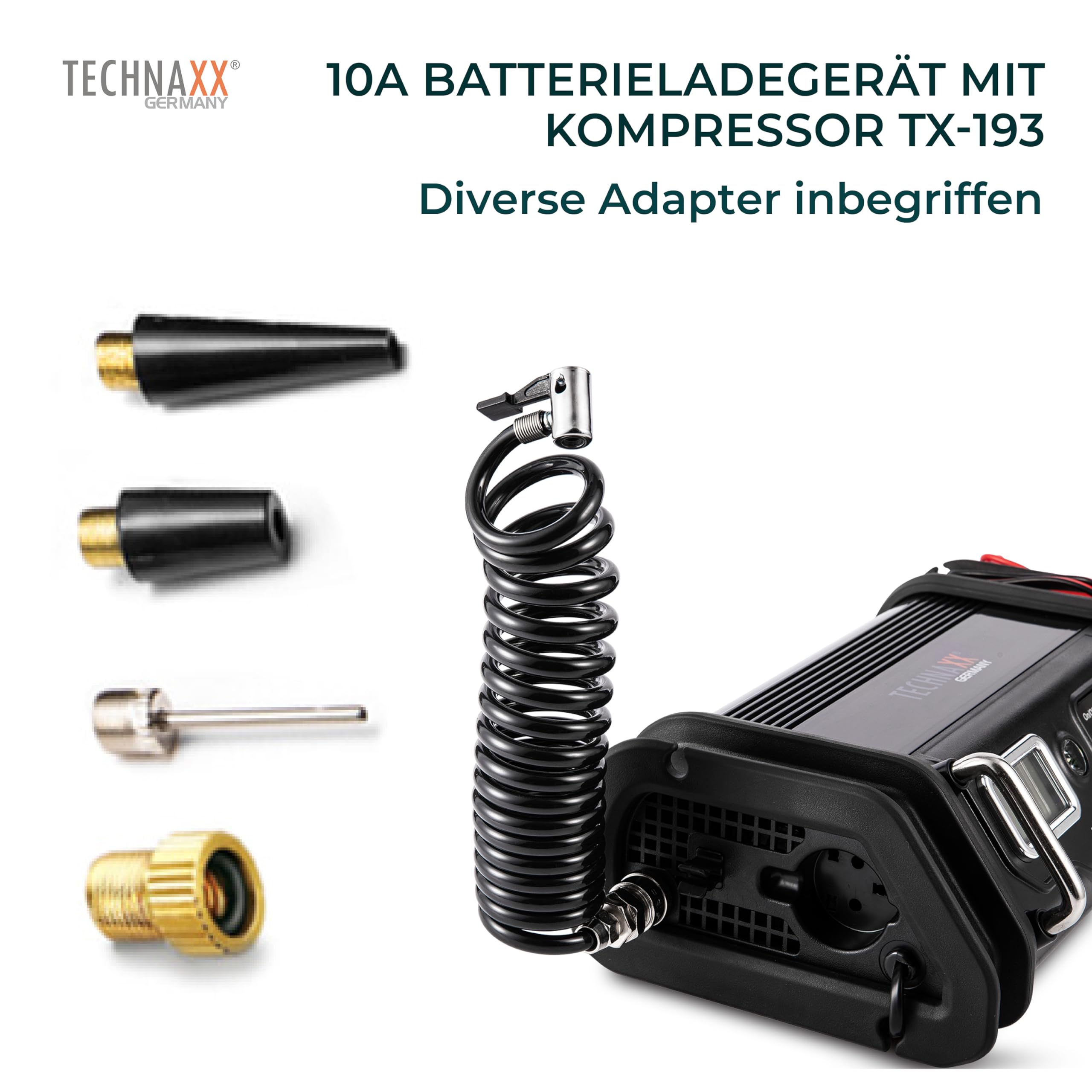 Technaxx Caricabatterie 10A con compressore d'aria TX-193 - Caricabatterie 6-12V per batterie auto e moto - Regolatore di pressione digitale, spegnimento automatico, adattatori vari