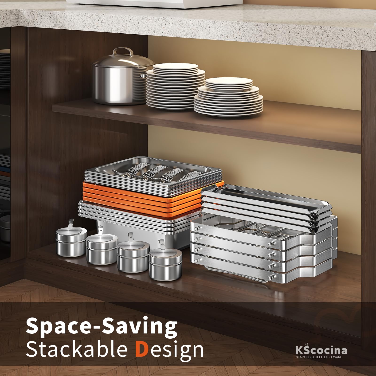 KScocina Juego de 4 platos cuadrados de acero inoxidable de 5 cuartos de galón, calentador completo de buffet para fiestas en casa, Navidad y eventos de catering (naranja)