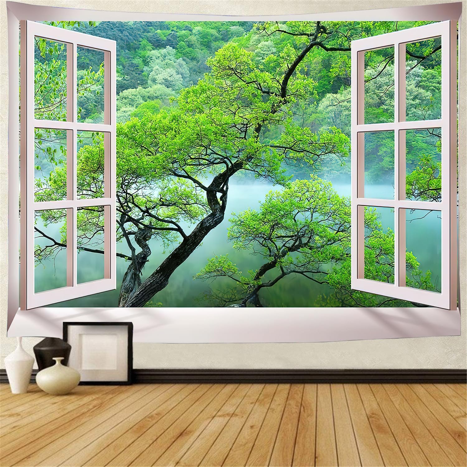 FENDROM Misty Lake Forest Tapestry Wall Hanging Nature Green Tree Landscape Window View for Bedroom Living Room Dorm Decor — image 1
