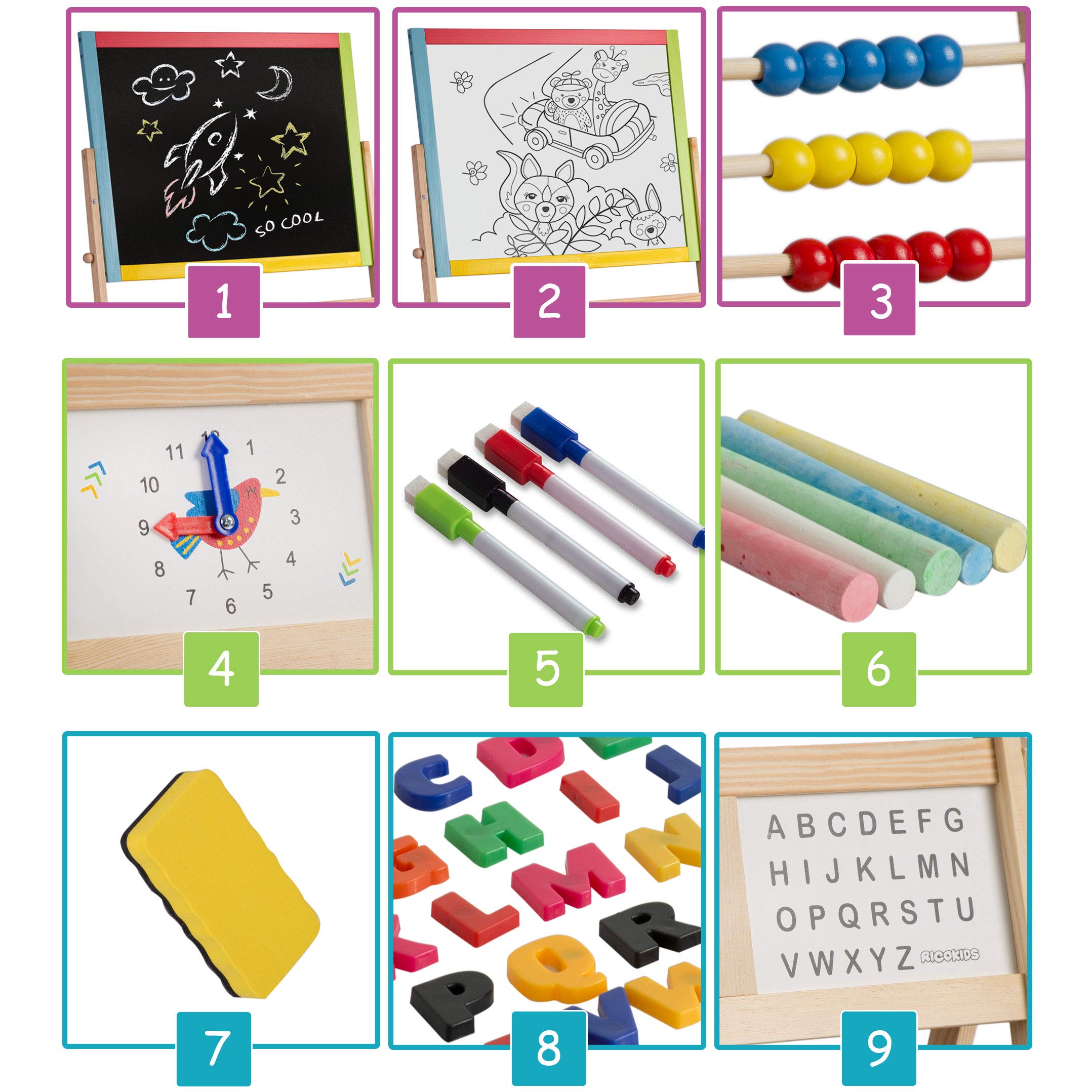 Ricokids Tablica do zabawy dla dzieci, magnetyczna tablica suchościeralna, zegar liczydło i tablica do malowania kredą, tablica dla dzieci, sztaluga z drewna