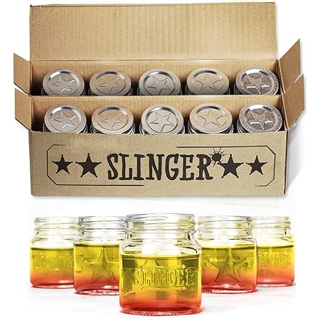 THE SLINGER Shot Glasses Set - Mini Mason Jars with Lids Featuring Unique Star Design (10 Pack) 2 ounces