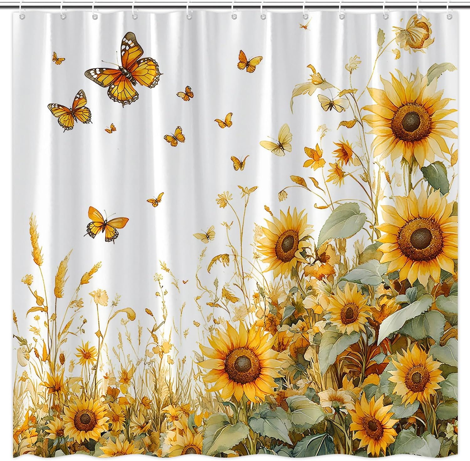 Butterfly Sunflower Shower Curtain Yellow Flower Rustic Farmhouse Floral Green Leaf Vintage Flowers Polyester Bathroom Curtains Set with Hooks 70"x70"