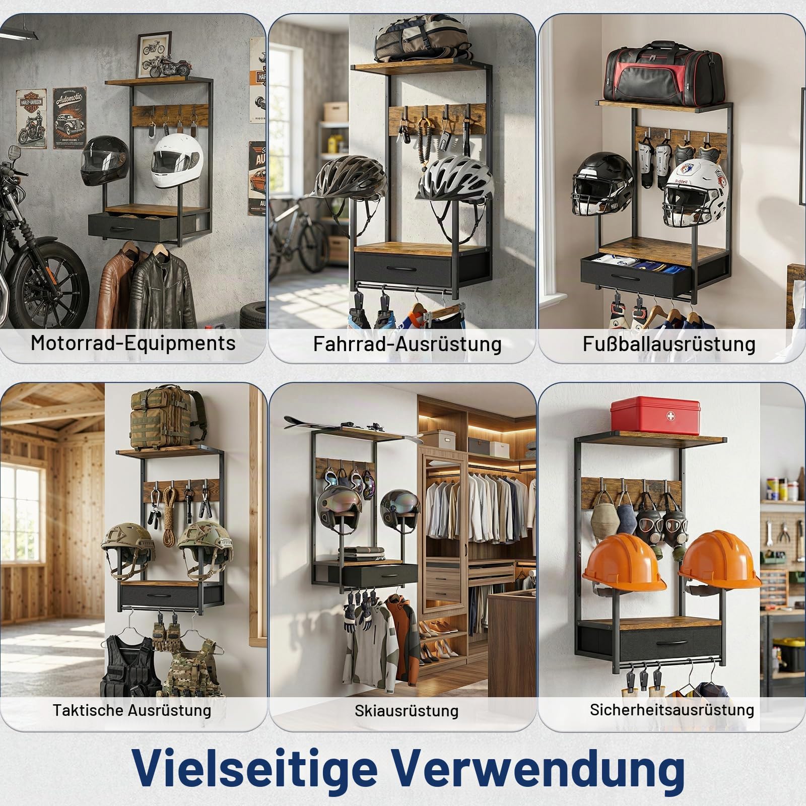 Housolution Motorradhelm Wandhalterung mit Stoffschublade | 4 Handschuhchips und 4 Haken für Reitanzüge & Zubehör, Helmständer Display für Fahrrad-, Baseball- und Rugbyhelme