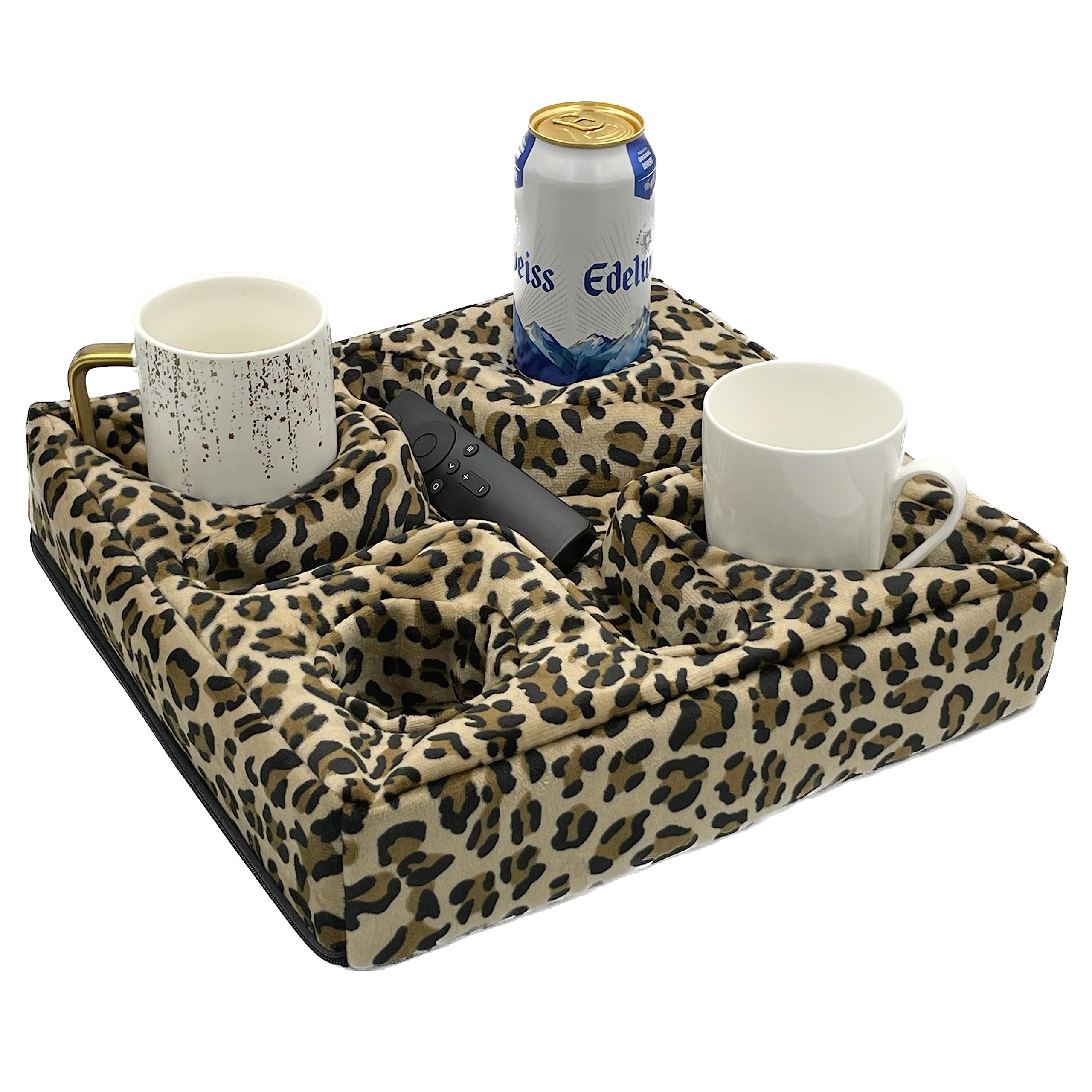Couch and Bed Cup Holder Pillow, Sofa Refreshment Tray for Drinks/Remote Control/Snacks Holder (Leopard)