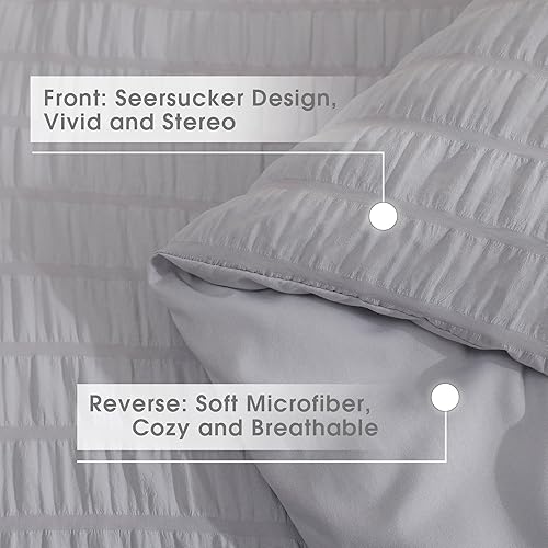 Miniatura 7 de LUCKYBULL Juego de edredón de sirsaca gris claro, 3 piezas, tamaño Queen de 90 x 90 pulgadas, 100% microfibra lavada suave, juego de cama ligero