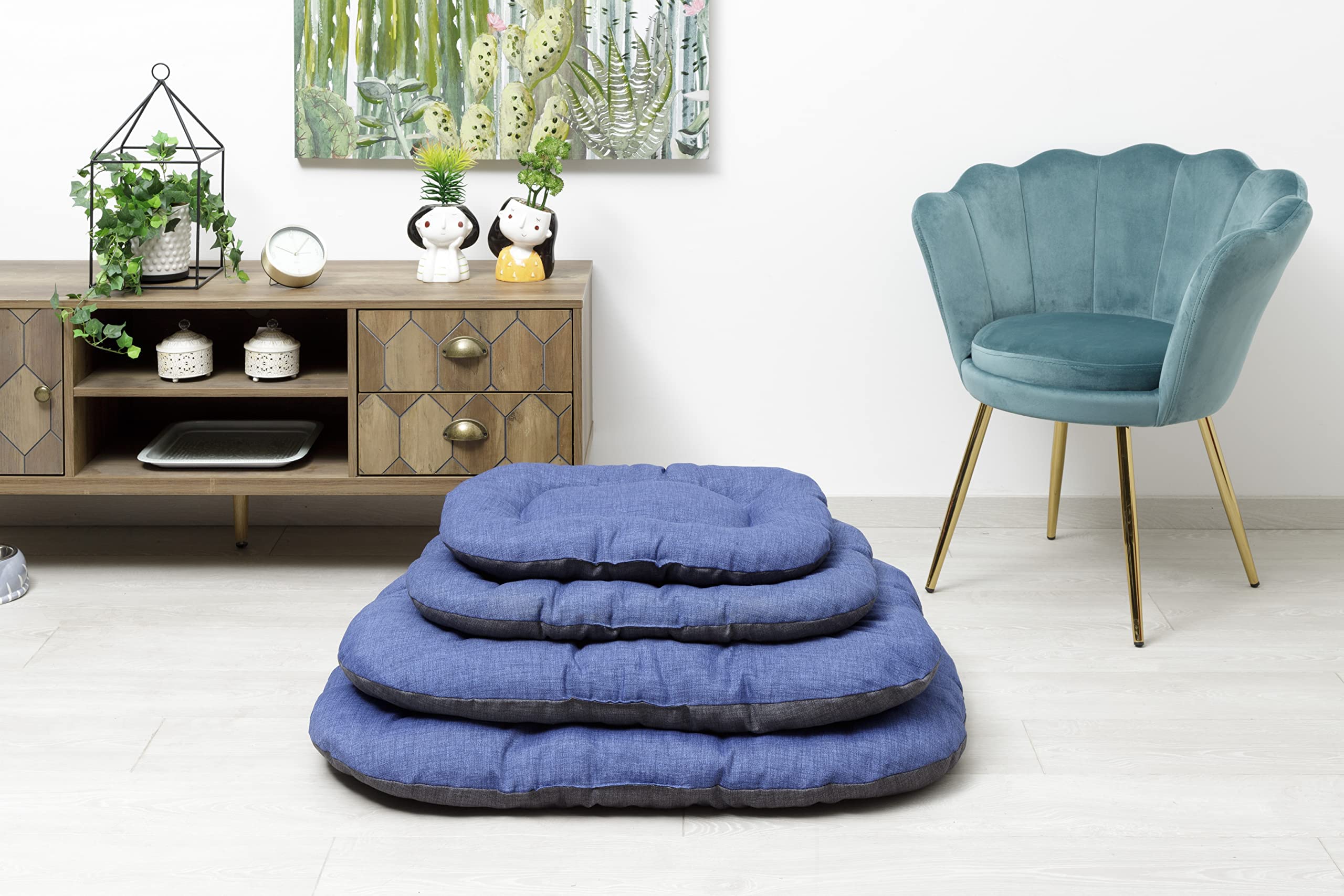 Baroni Home Cuscino Ovale per Cani e Gatti Tessuto Taglia, Imbottito con Morbido Foam, Utilizzabile su Entrambi i Lati (40x60x7 cm, Grigio e Blu)