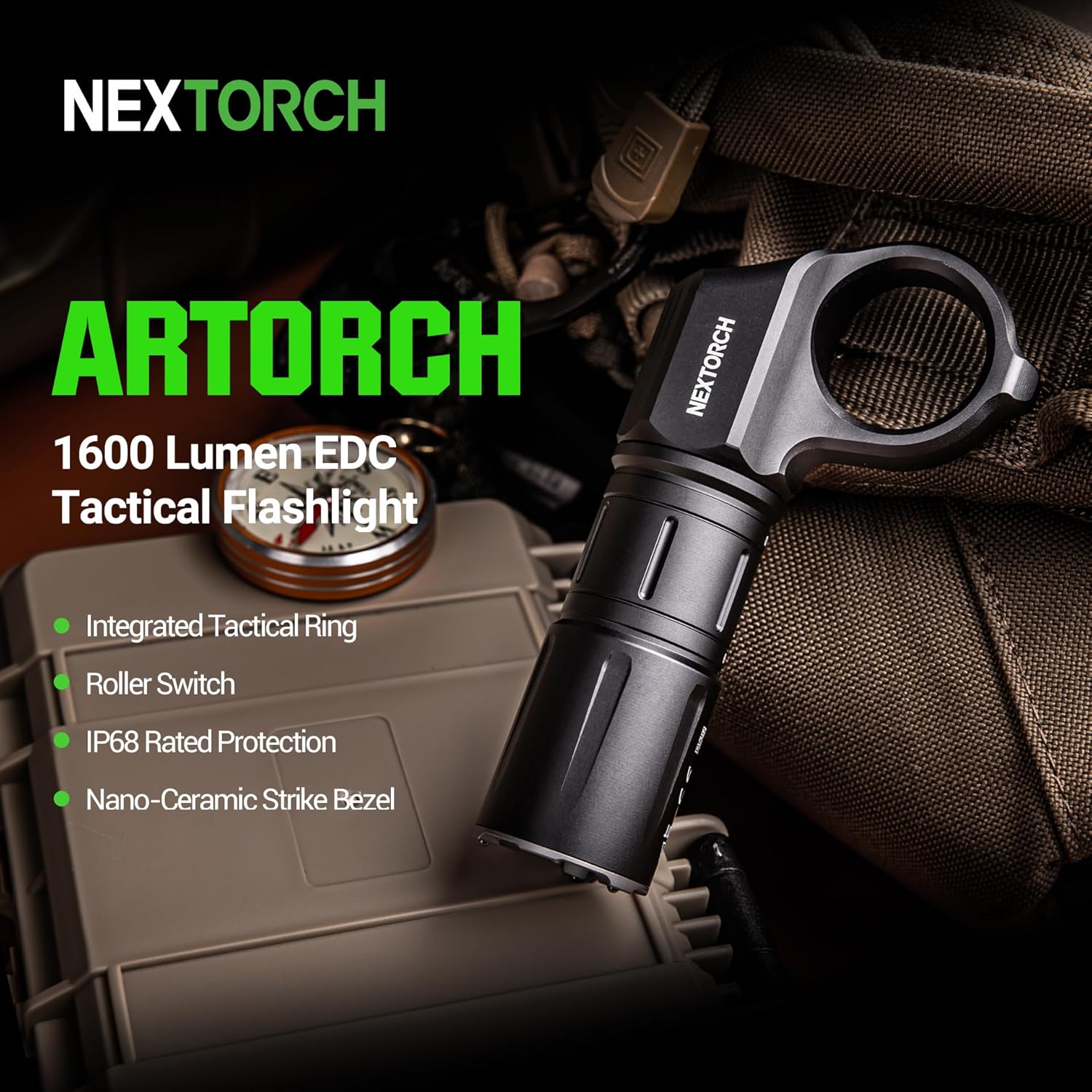 NEXTORCH ARTORCH 1600 Lumen Tactical Flashlight – Compact EDC Light with Integrated Tactical Ring, IP68 Waterproof, Nano-Ceramic Strike Bezel, Roller Switch, for Outdoor, Camping, Emergency, Police