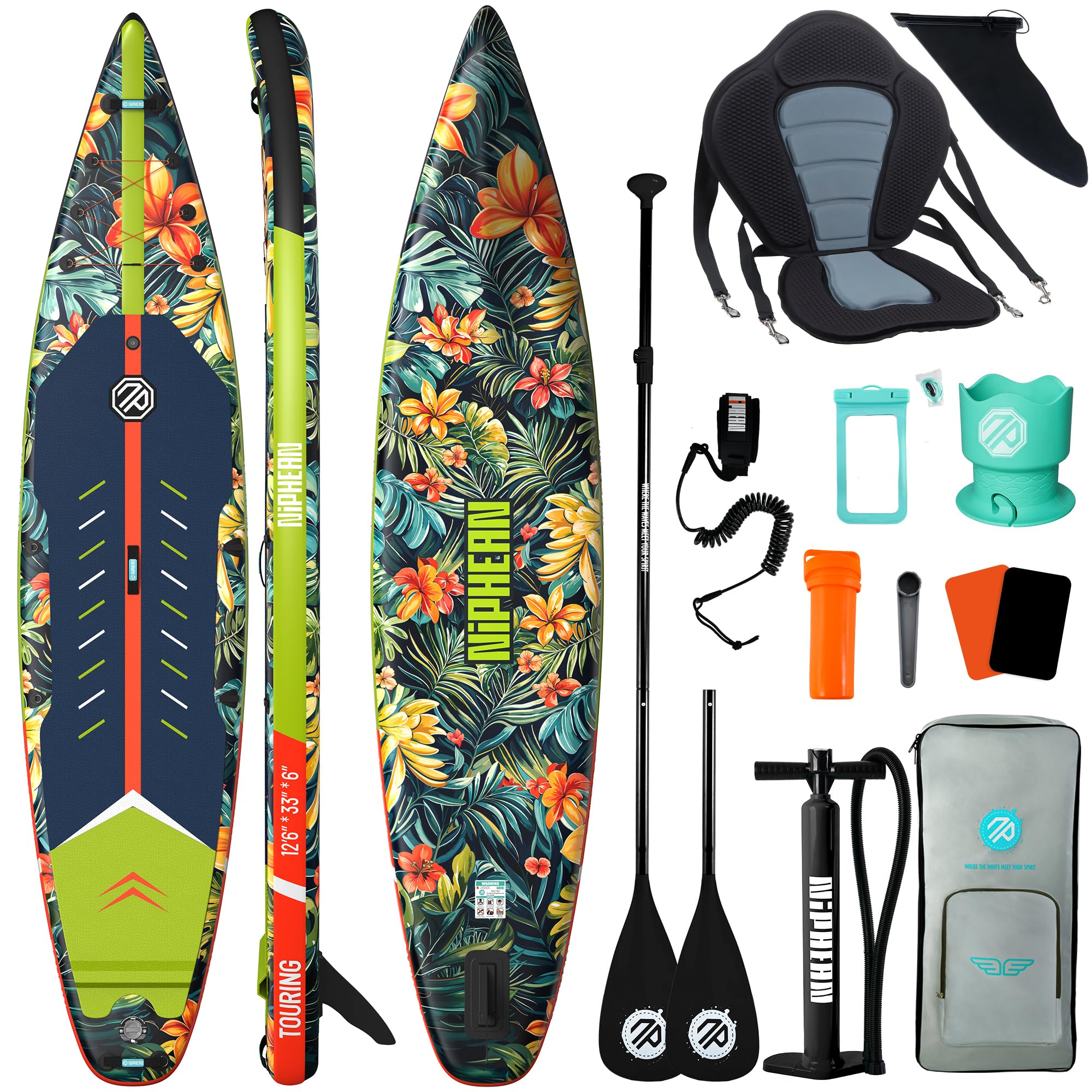 Niphean 380cm Tabla Paddle Surf Hinchable, Sup Touring con Accesorios | Tabla Padel Surf Rígida 280kg para Adultos y Principiantes, Kick Pad, Antideslizante, Kit Reparación