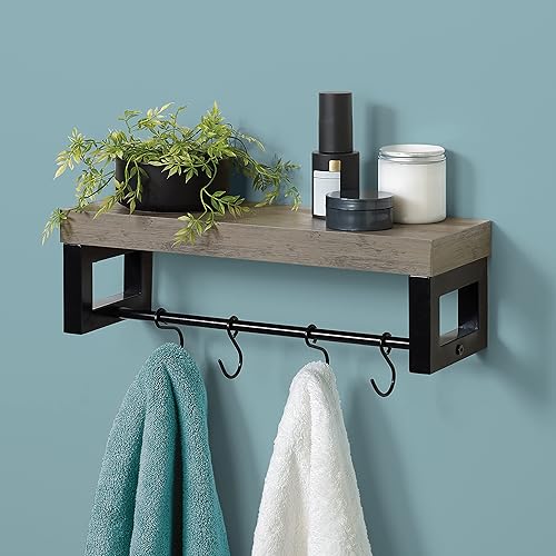 Miniatura 2 de Zenna Home Estante de almacenamiento montado en la pared, estante de madera con barra de toalla y 4 ganchos ajustables, unidad de estantería fácil