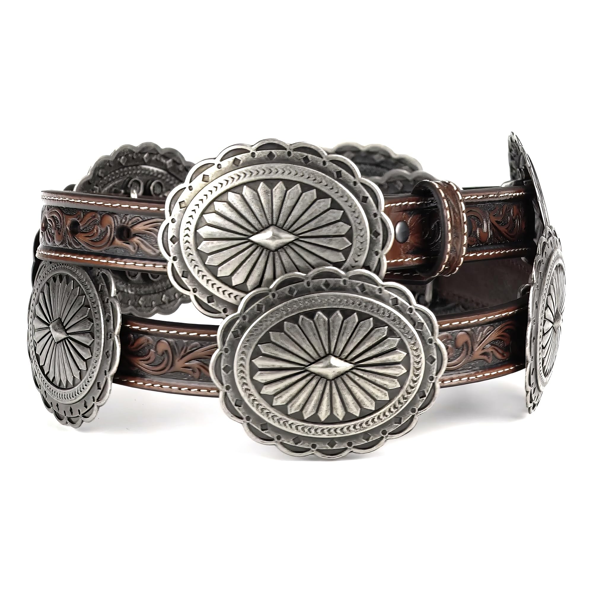 Ariat Womens Brown Tooled with Silver Oval Concho Leather Belt