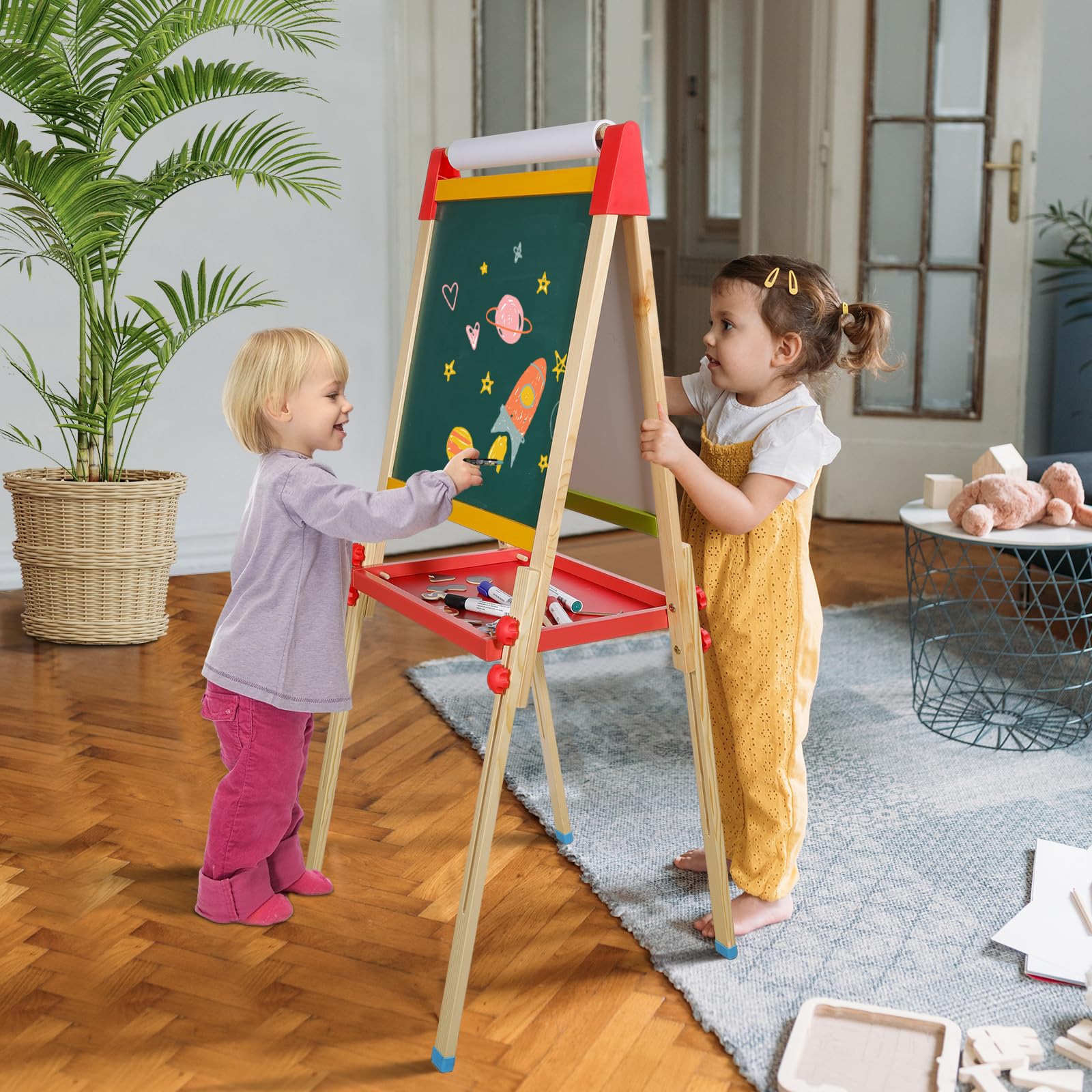 Lavagna per bambini in legno con rotolo di carta, lavagna bianca e lavagna per bambini con numeri e altri accessori per bambini e bambini