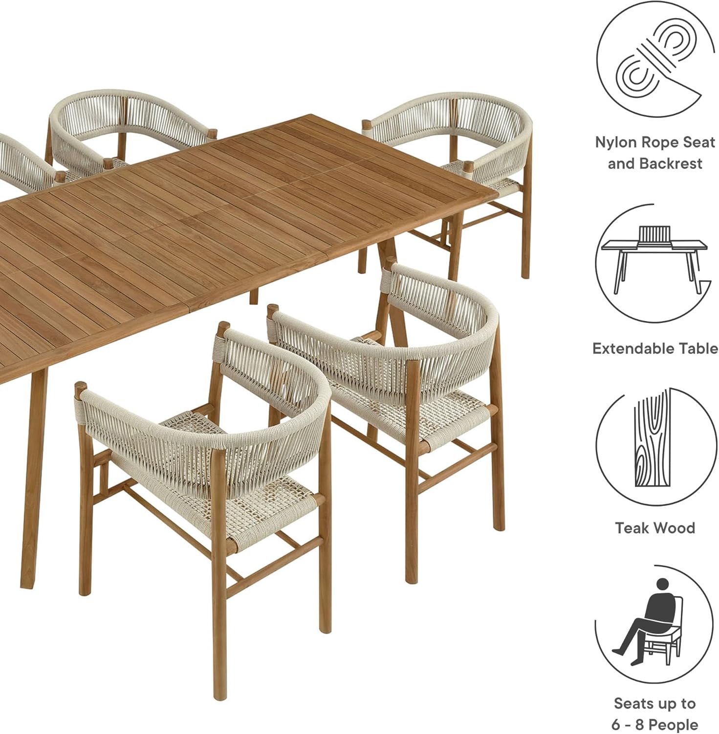 Modway Vienna Outdoor Patio Teak Wood 7-Piece Dining Set in Natural Natural – Weather-Resistant Patio Table and Chairs for 6 – 71” to 94.5” Extendable Table with Woven Rope Curved-Back Armchairs