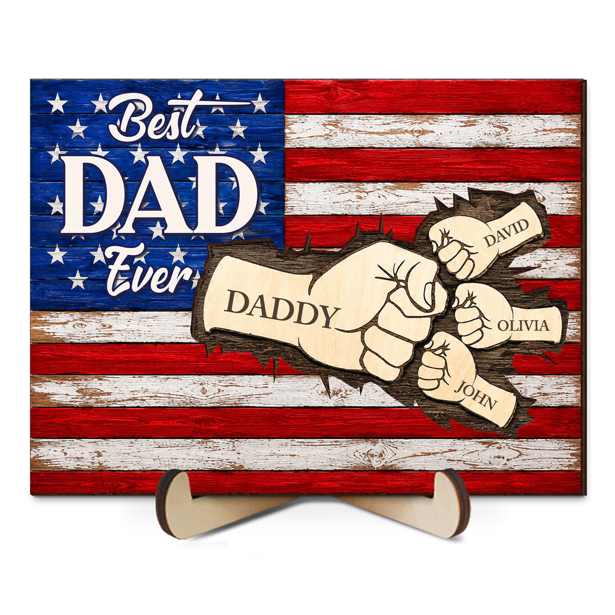 Fathers Day Dad Gifts, Personalized Best Dad Ever Fist Bump Sign, Patriotic American Flag Plaque, 4th of July Birthday Gift for Daddy Grandpa Husband from Daughter Son Wife, Desk &amp; Wall Decor