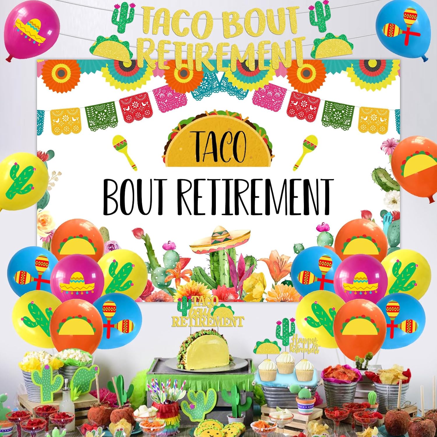 JOYMEMO Taco Bout Retirement Party Decorations Women Men - Mexican Themed Fiesta Retired Decor with Taco Bout Banner, Backdrop, Cake Topper, Cactus Balloons for Retirement Party