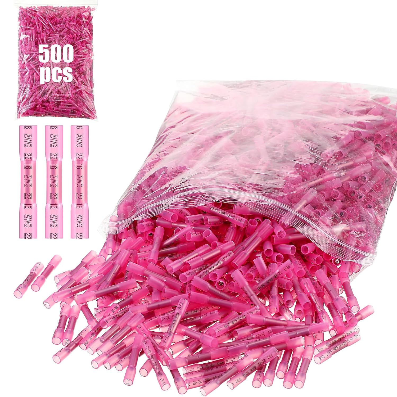 Frienda 500 Pcs Heat Shrink Butt Wire Connectors Red Awg 22-16 Insulated Waterproof Electrical Wire Connectors Automotive Marine Grade Crimp Terminals Butt Splices for Boats, Industrial, Home