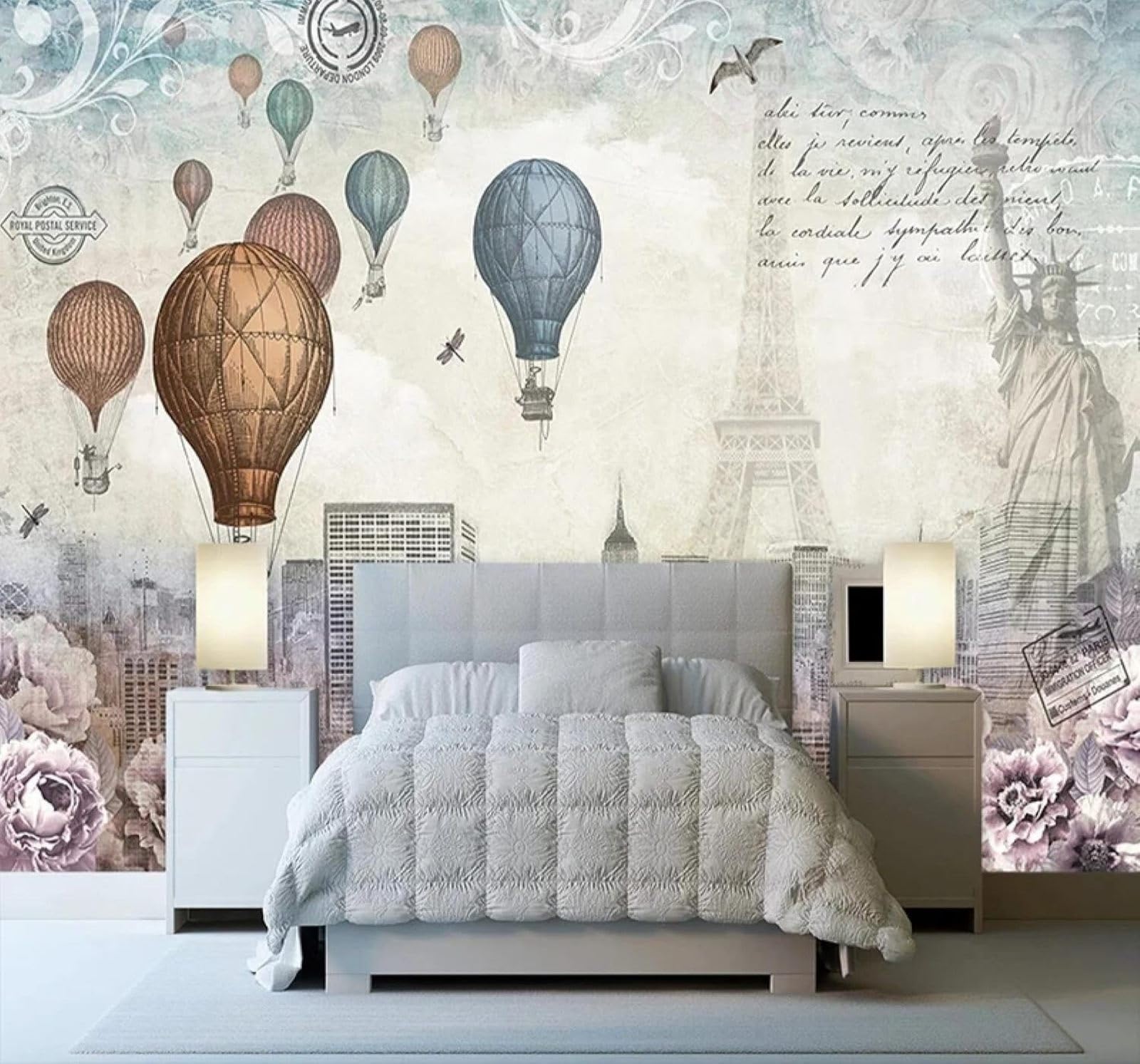 Xlming 250Cm×170Cm(B×H) Retro Hot Air Balloon Tower Restaurant Café 3D Wallpaper Luxury Silk Study Dining Feature Sofa Grey Bedroom Living Room Tv Decorative Wall-250Cm×170Cm