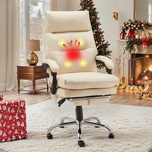 Miniatura 2 de HOMREST Silla de oficina de masaje con calefacción, sillas reclinables ergonómicas de piel sintética, masaje USB y 4 puntos, silla de oficina